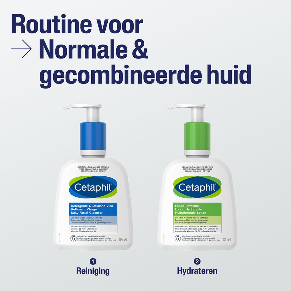 Twee Cetaphil reinigers. Blauw en groen. Tekst: Routine voor normale en gecombineerde huid.