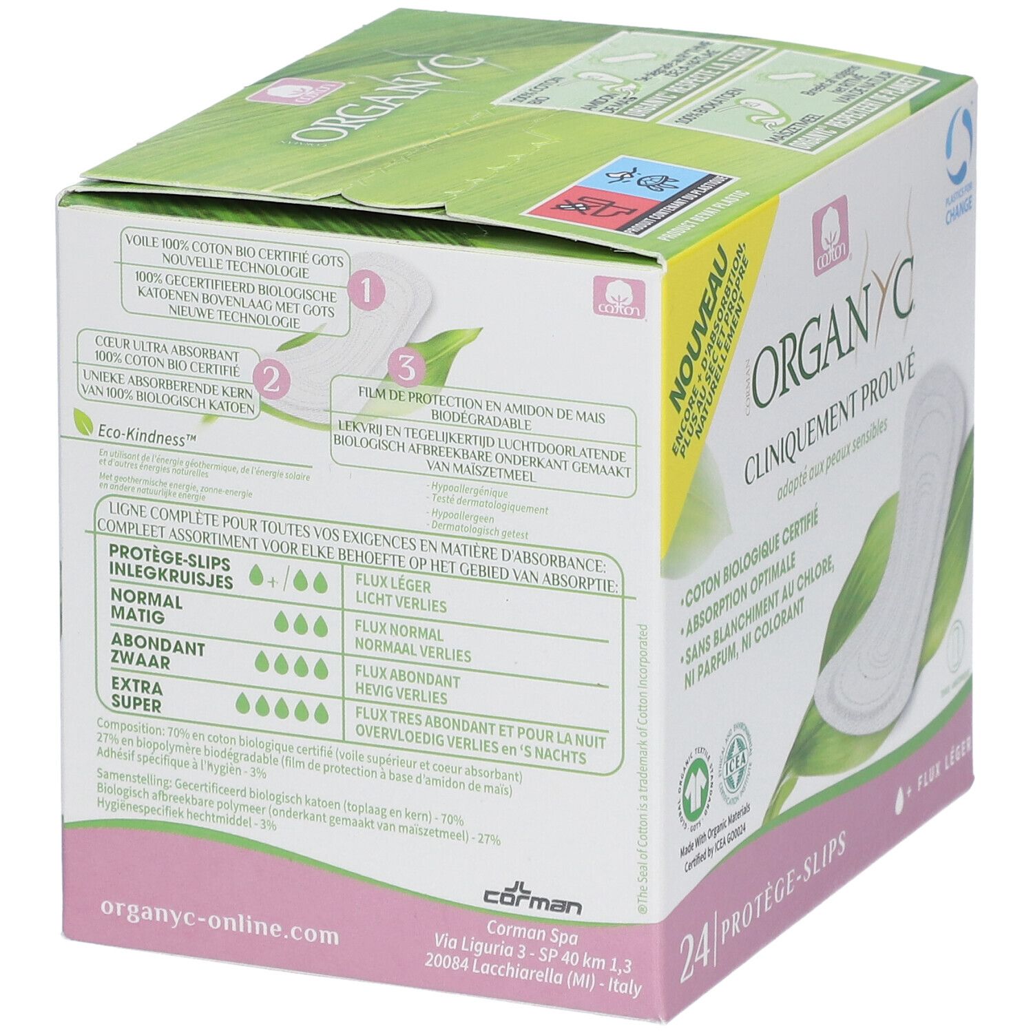 Boîte Organyc® de 24 protège-slips. Cliniquement prouvé, pour peaux sensibles. Coton bio, absorption optimale. Informations d'emballage.