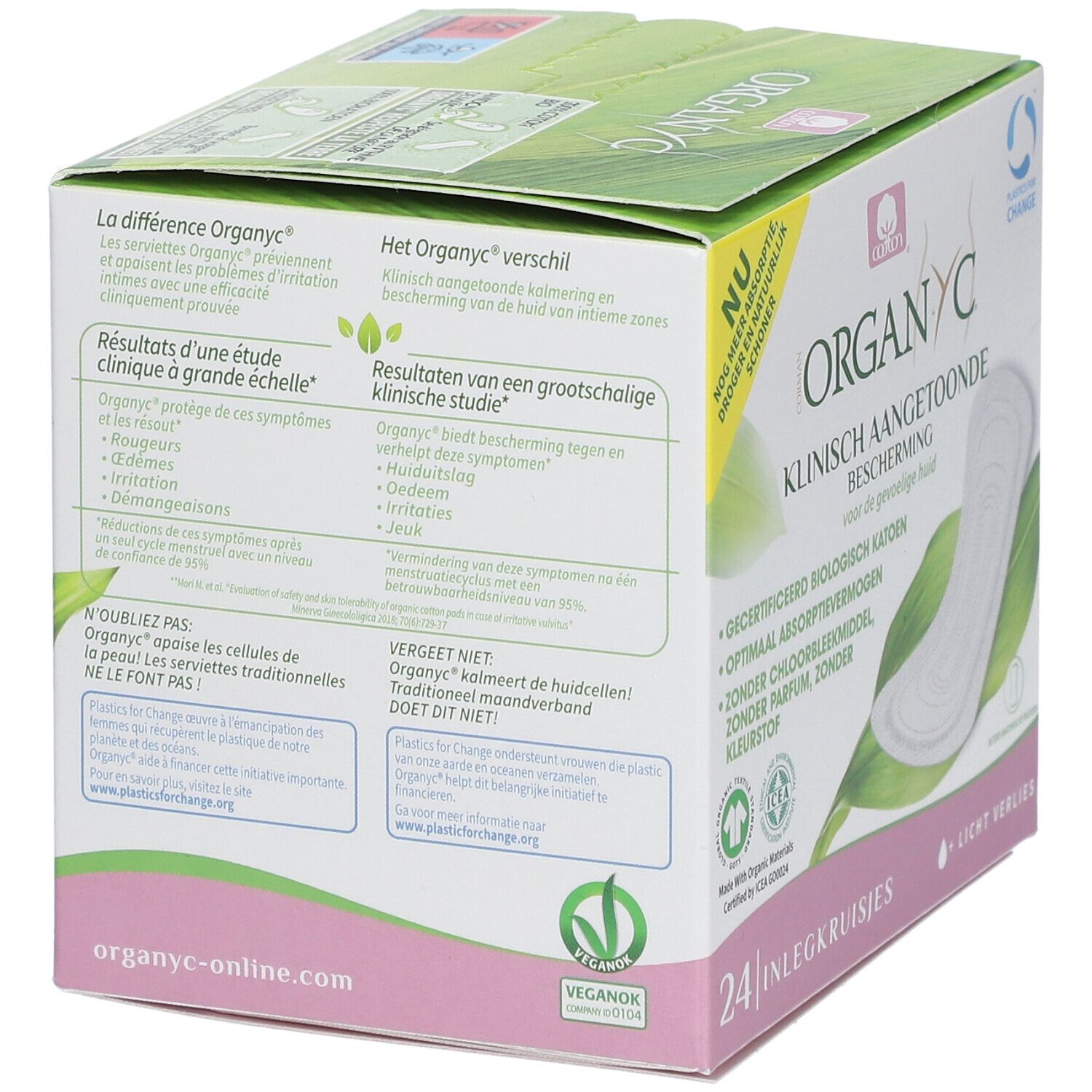Boîte Organyc® de 24 protège-slips. Cliniquement prouvé, pour peaux sensibles. Informations sur la marque et l'emballage.