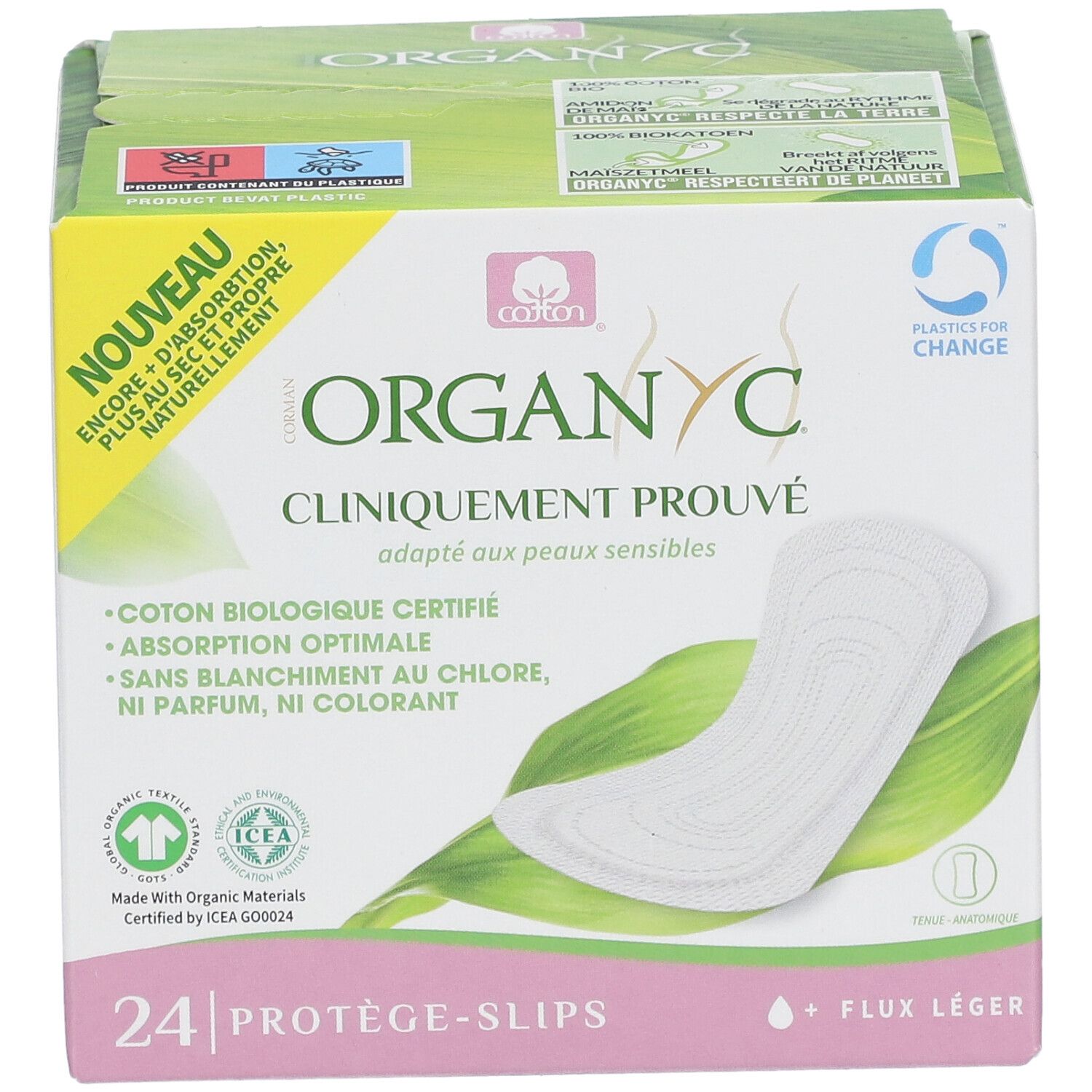 Boîte Organyc® de 24 protège-slips. Cliniquement prouvé, pour peaux sensibles. Coton bio, absorption optimale, sans chlore, parfum ni colorant.