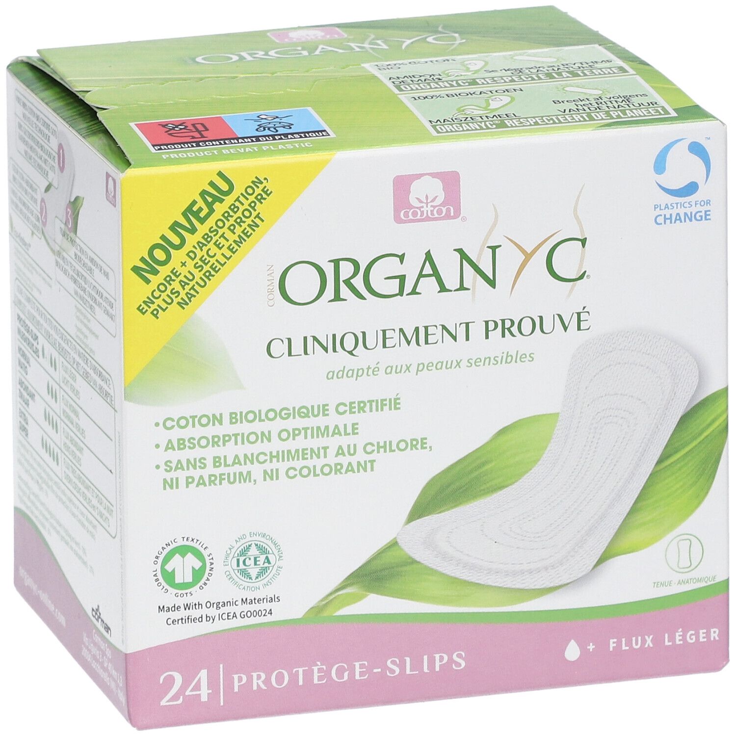 Boîte Organyc® de 24 protège-slips. Cliniquement prouvé, pour peaux sensibles. Coton bio, absorption optimale, sans chlore, parfum ni colorant.