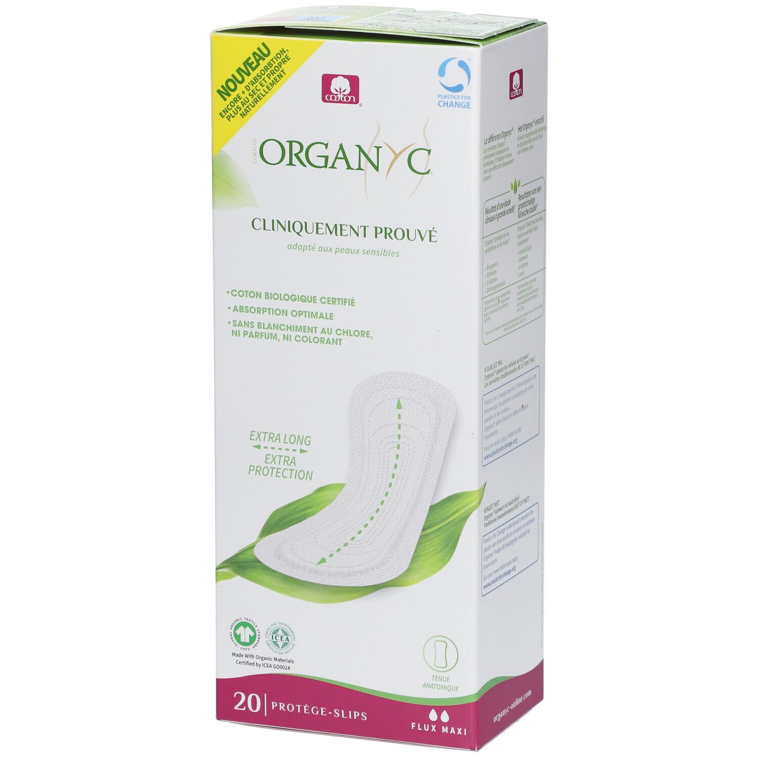 Boîte Organyc® de 20 protège-slips. Inscription : Cliniquement prouvé, Extra Long, Flux Maxi. Coton, sans chlore, parfum, colorant.