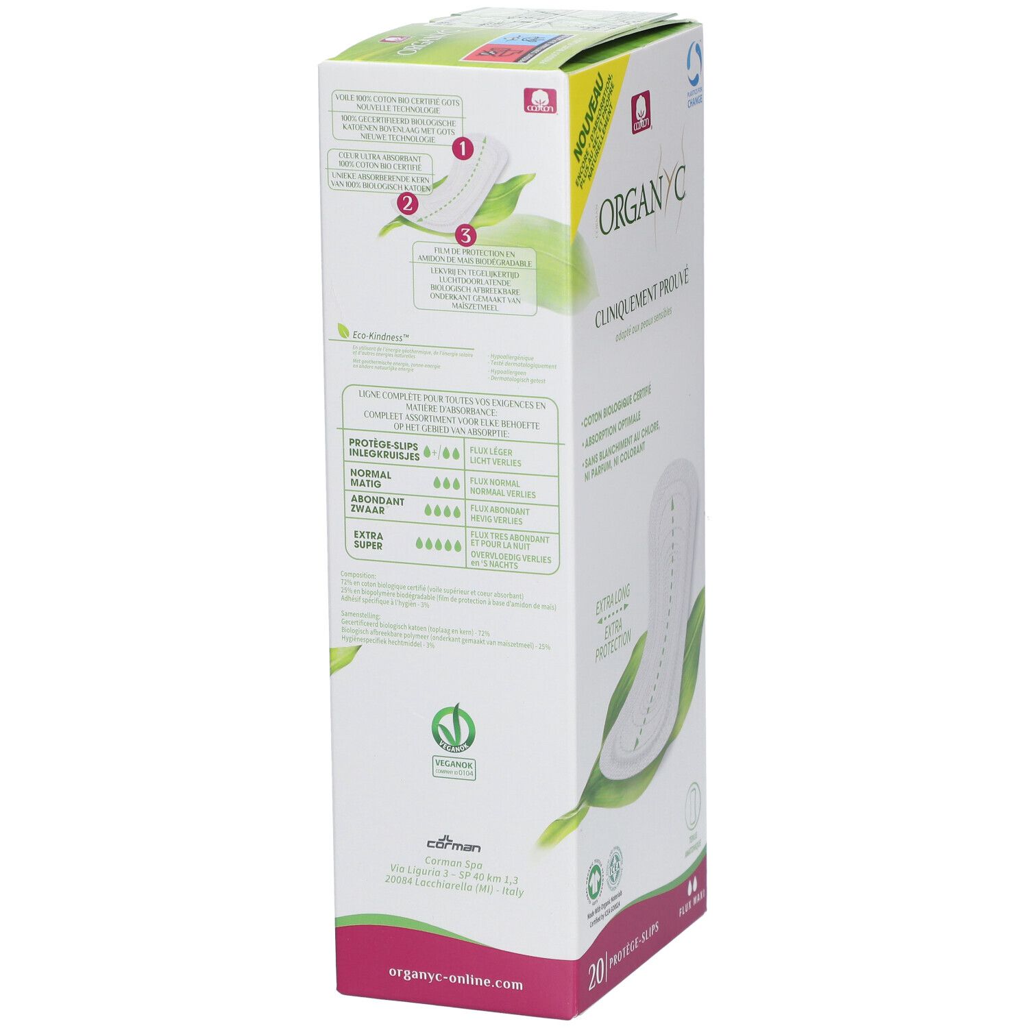 Dos de la boîte Organyc®. Informations sur les ingrédients, les certifications et les caractéristiques du produit. 20 protège-slips, Flux Maxi.