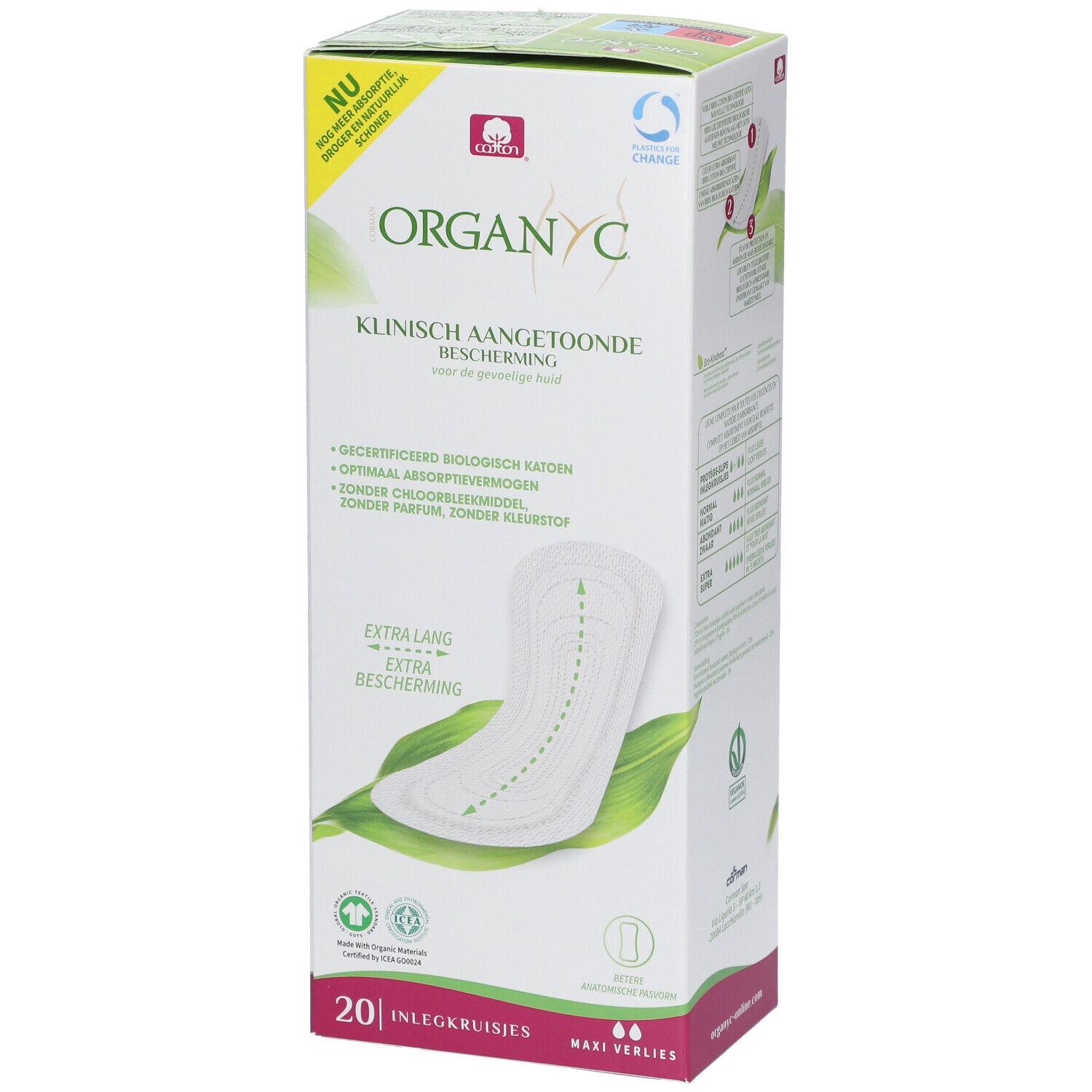 Boîte Organyc® de 20 protège-slips. Inscription : Cliniquement prouvé, Extra Long, Flux Maxi. Coton, sans chlore, parfum, colorant.