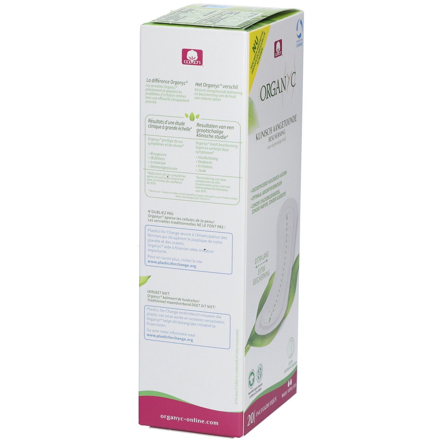 Dos de la boîte Organyc®. Informations sur les ingrédients, les certifications et les caractéristiques du produit. 20 protège-slips, Flux Maxi.