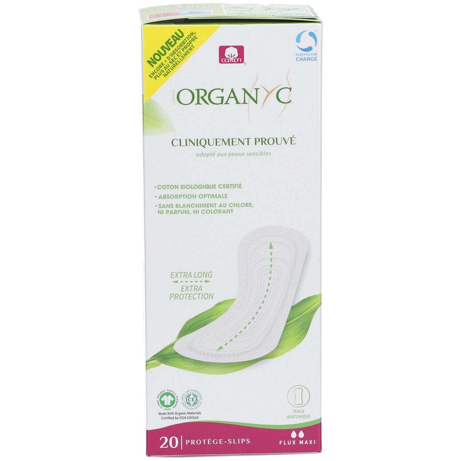 Boîte Organyc® de 20 protège-slips. Inscription : Cliniquement prouvé, Extra Long, Flux Maxi. Coton, sans chlore, parfum, colorant.