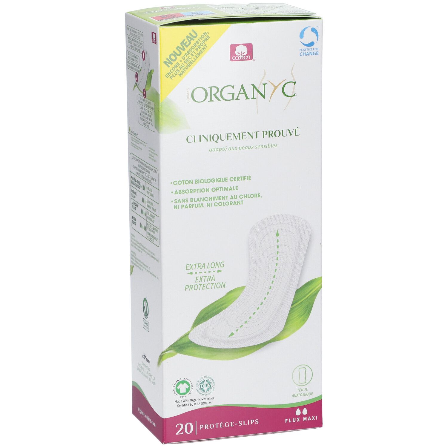 Boîte Organyc® de 20 protège-slips. Inscription : Cliniquement prouvé, Extra Long, Flux Maxi. Coton, sans chlore, parfum, colorant.