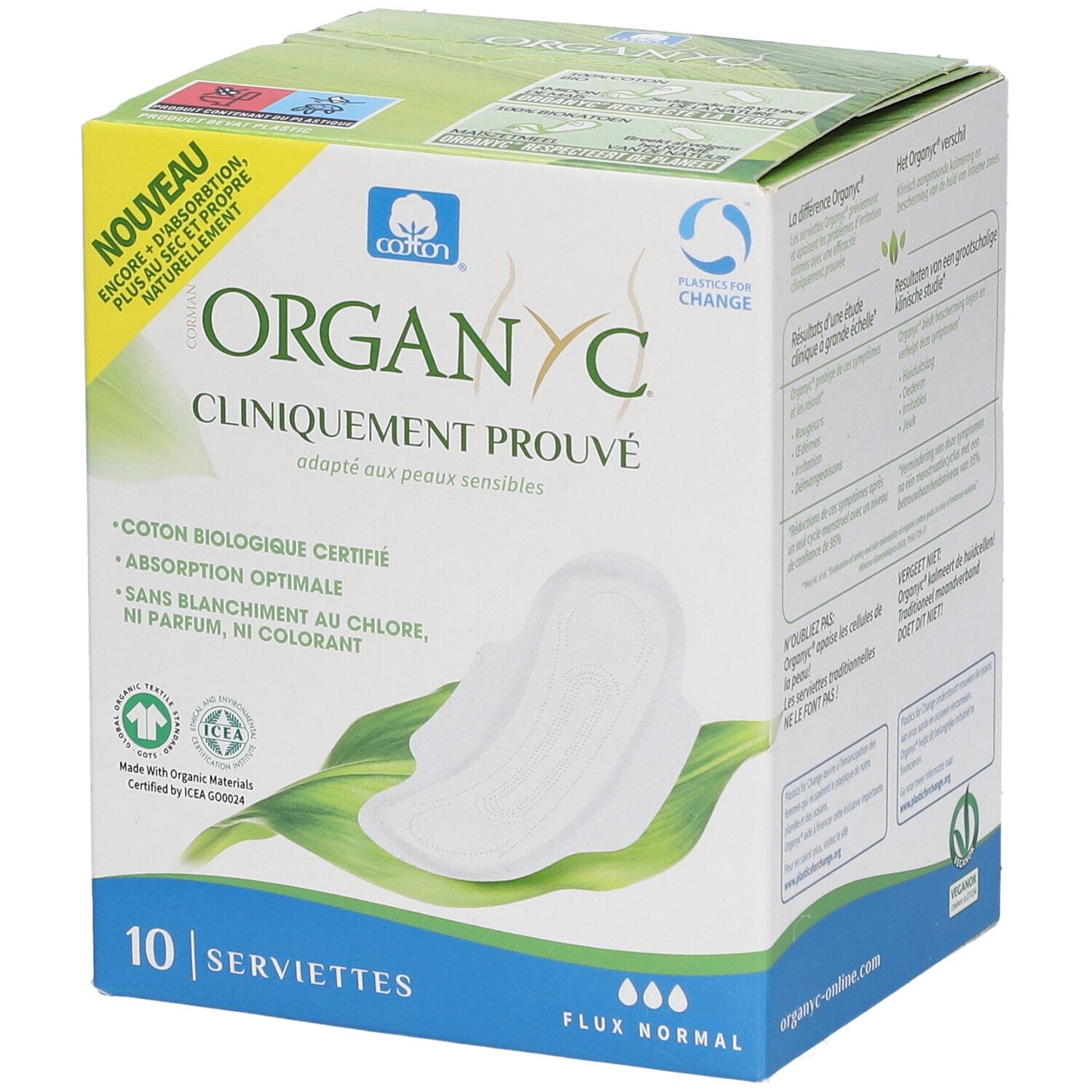 Boîte Organyc® de 10 serviettes. Cliniquement prouvé, pour peaux sensibles. Coton bio, absorption optimale.