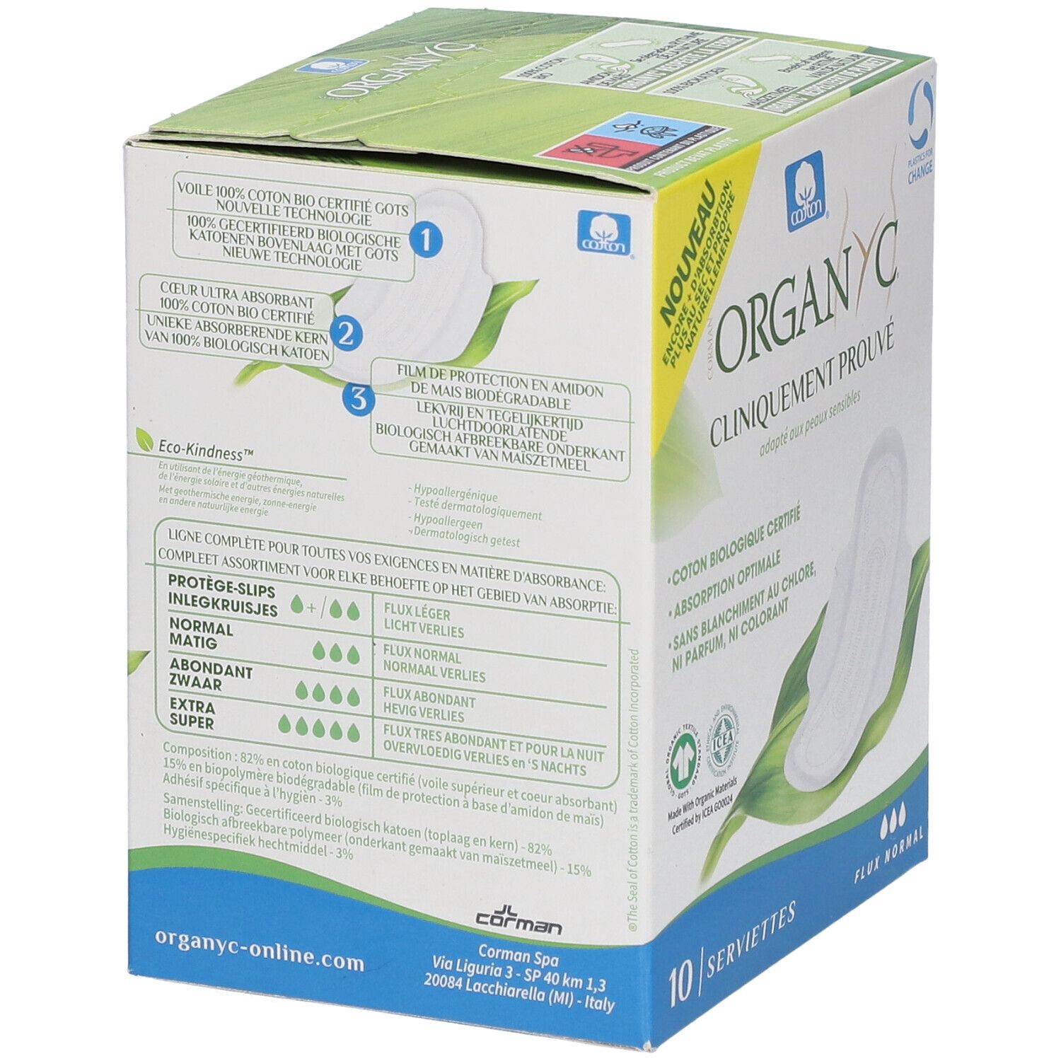 Boîte Organyc® de 10 serviettes. Cliniquement prouvé, pour peaux sensibles. Coton bio, absorption optimale.