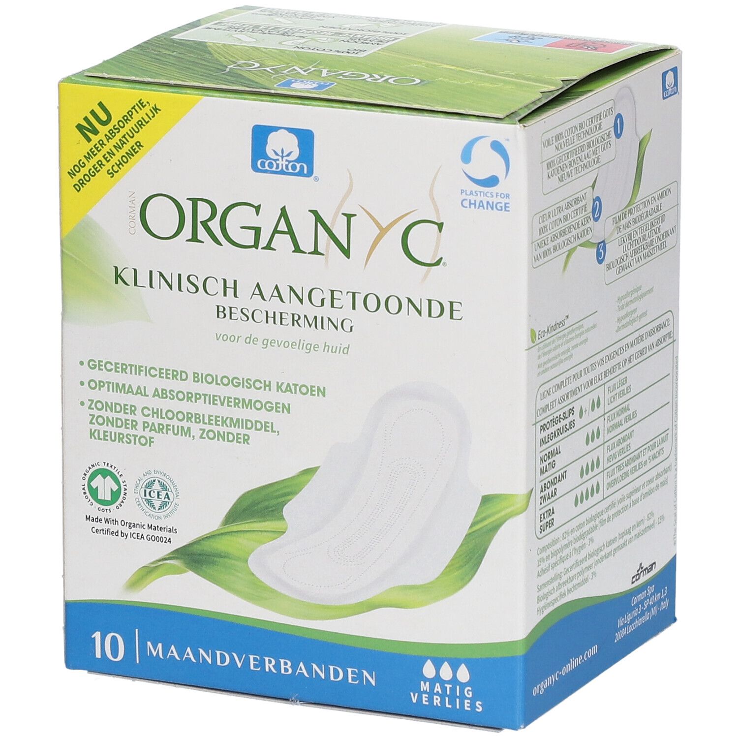 Boîte Organyc® de 10 serviettes. Cliniquement prouvé, pour peaux sensibles. Coton bio, absorption optimale.