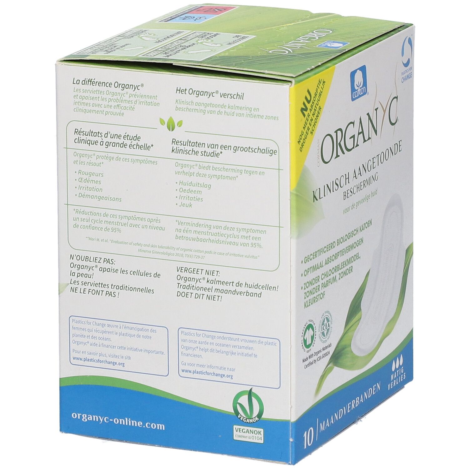 Boîte Organyc® de 10 serviettes. Cliniquement prouvé, pour peaux sensibles. Coton bio, absorption optimale.