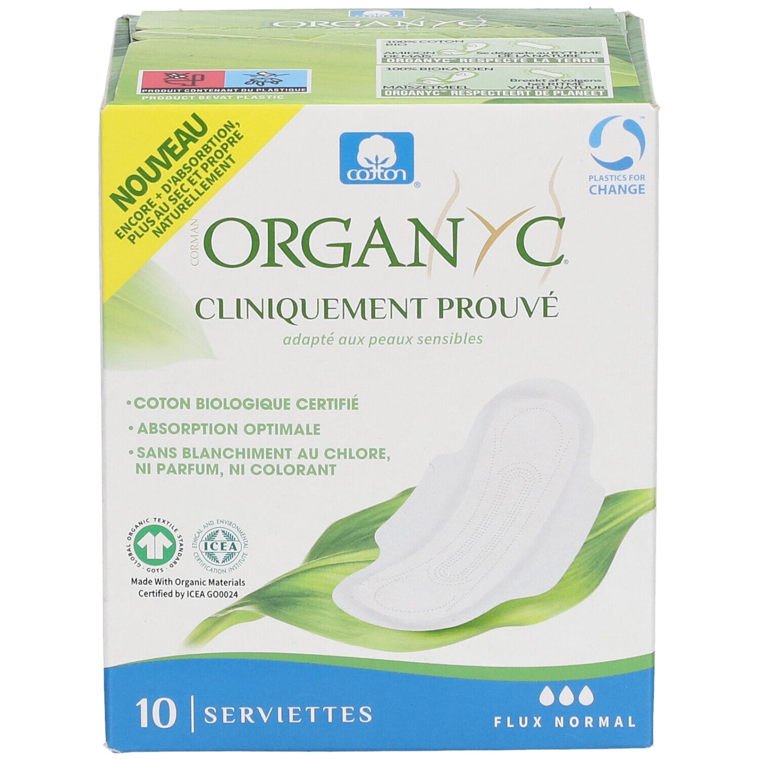 Boîte Organyc® de 10 serviettes. Cliniquement prouvé, pour peaux sensibles. Coton bio, absorption optimale.