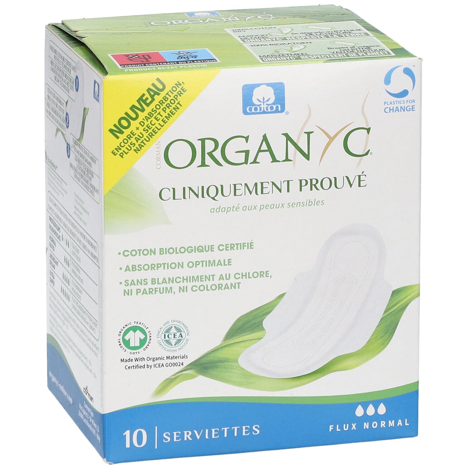 Boîte Organyc® de 10 serviettes. Cliniquement prouvé, pour peaux sensibles. Coton bio, absorption optimale.