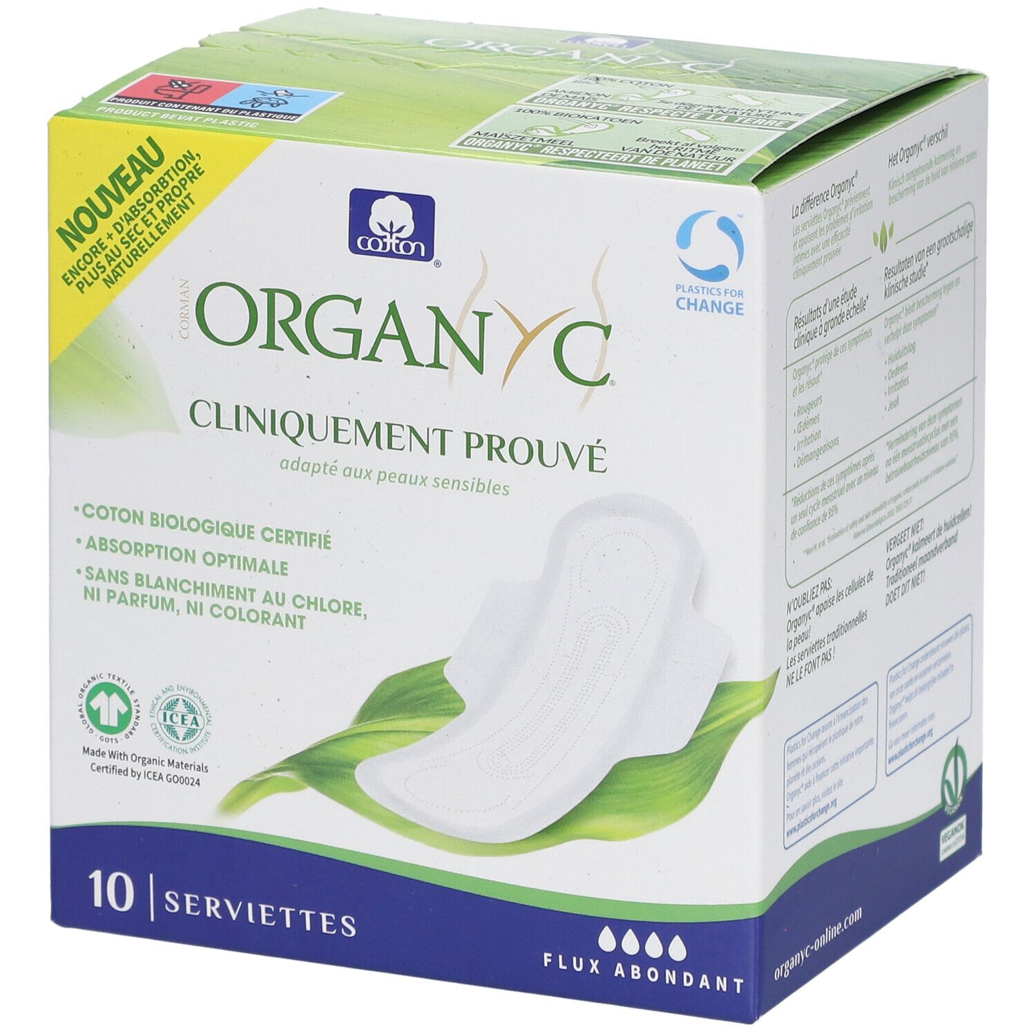 Boîte Organyc de 10 serviettes. Inscription: Cliniquement prouvé, coton biologique certifié, absorption optimale.