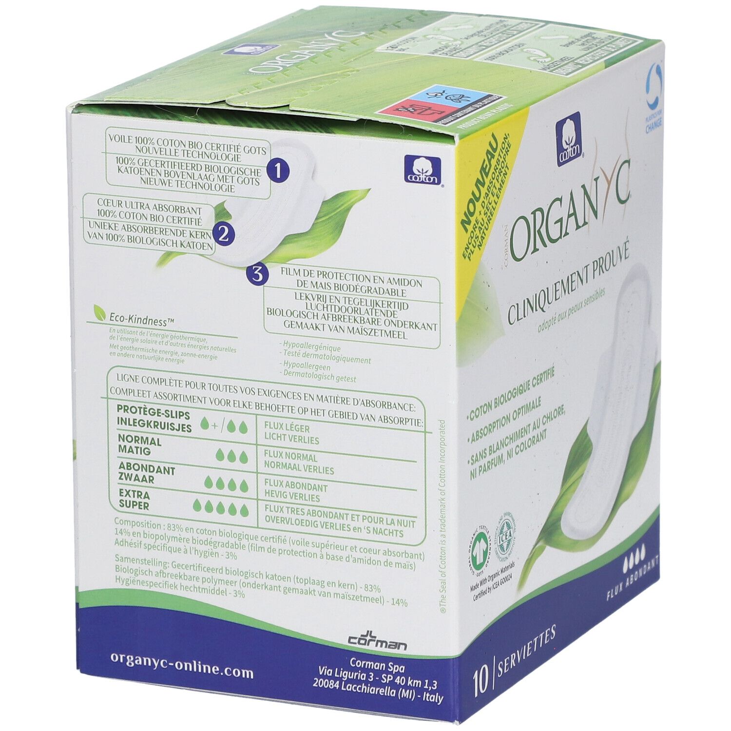 Boîte Organyc de 10 serviettes. Inscription: Cliniquement prouvé, détails sur la composition et l'absorption.