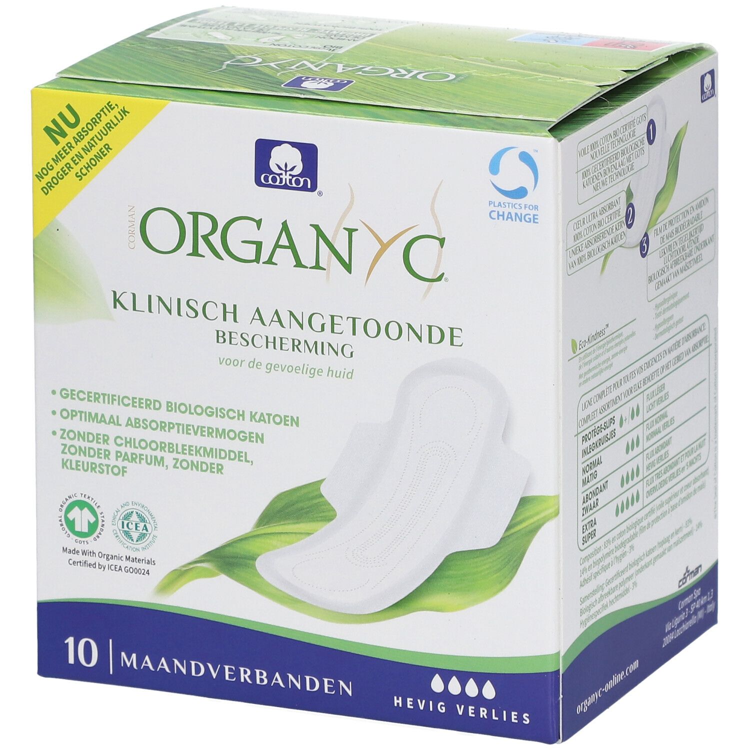 Boîte Organyc de 10 serviettes. Inscription: Klinisch aangetoond, coton biologique, absorption optimale.