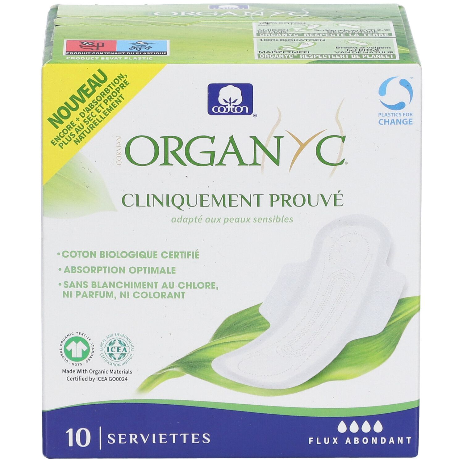 Boîte Organyc de 10 serviettes. Inscription: Cliniquement prouvé, coton biologique certifié, absorption optimale.