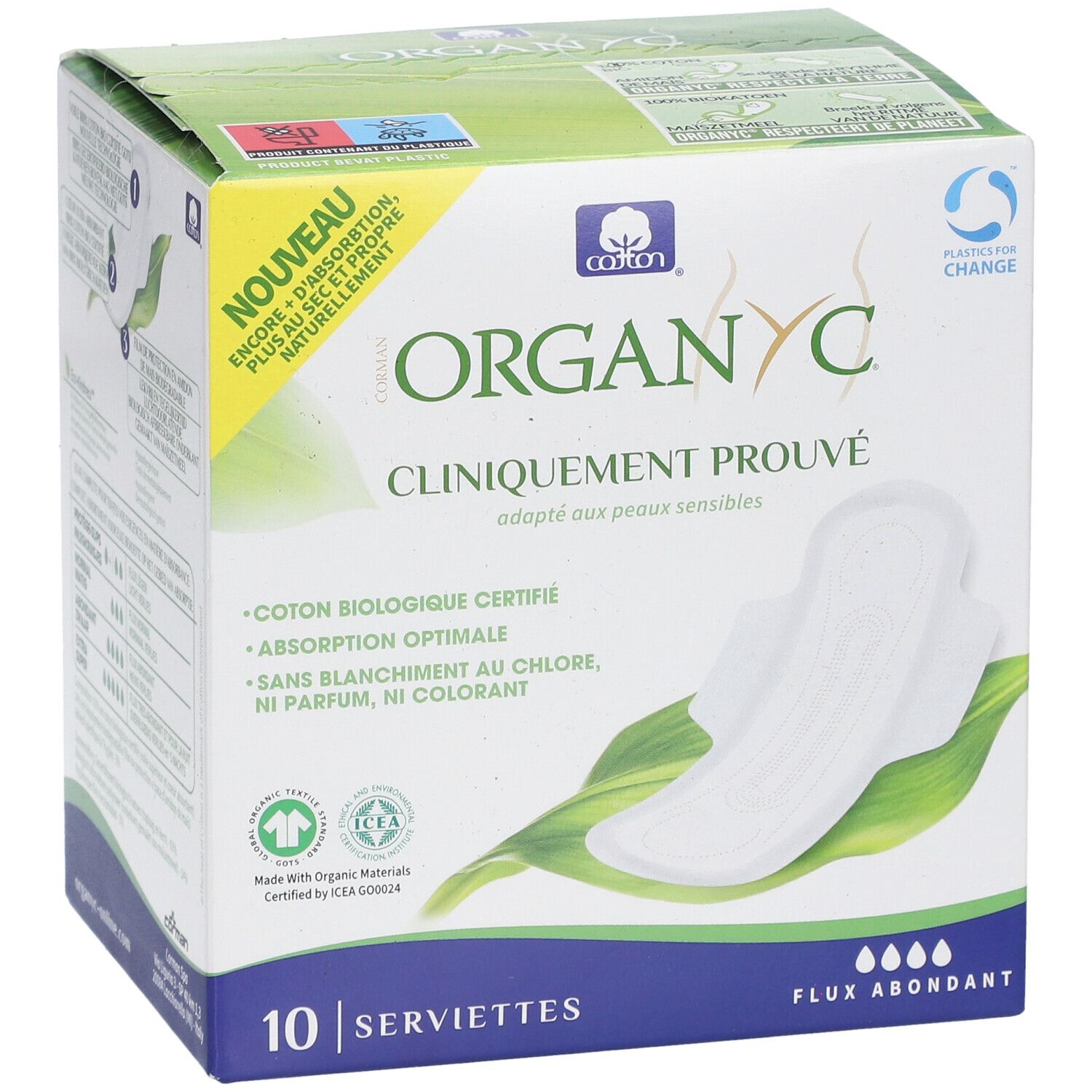 Boîte Organyc de 10 serviettes. Inscription: Cliniquement prouvé, coton biologique certifié, absorption optimale.