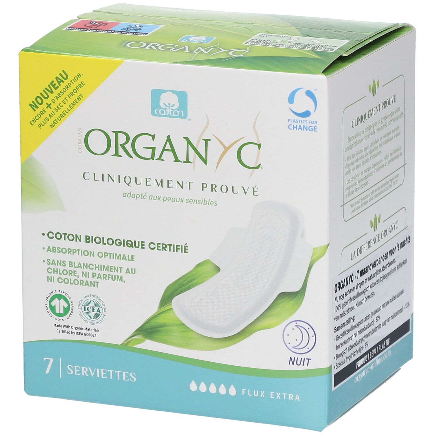 Organyc-verpakking met 7 extra nachtverbanden. Klinisch getest, biologisch katoen. Met certificeringen.