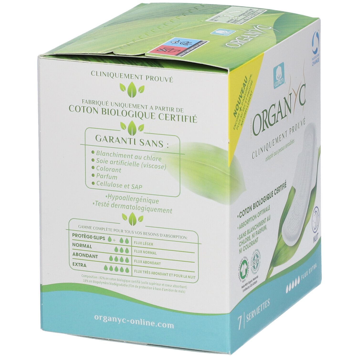 Organyc-verpakking. 7 verbanden. Gemaakt van biologisch katoen. Zonder chloor, parfum, kleurstoffen. Hypoallergeen.