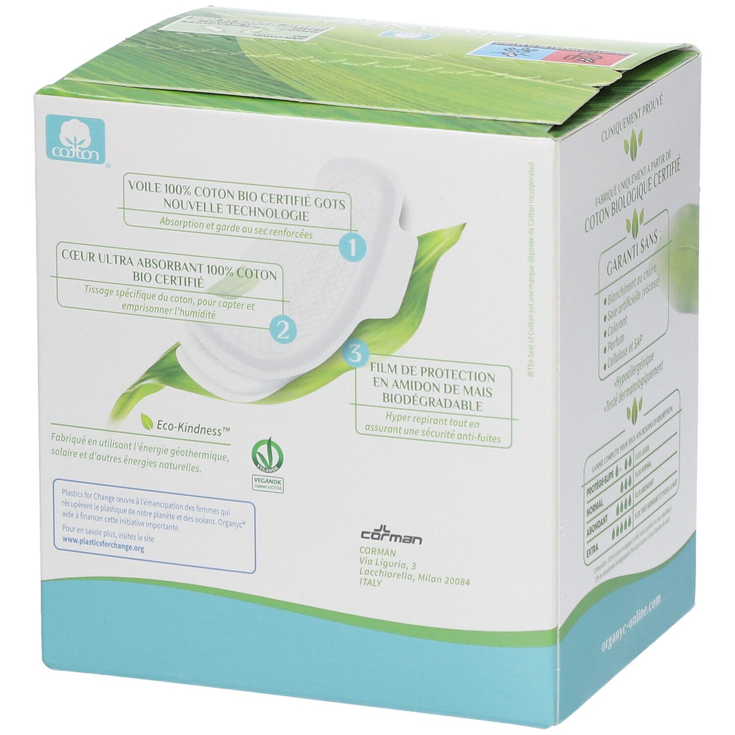 Achterkant Organyc-verpakking. Details over producteigenschappen. Met certificeringen en logo's.