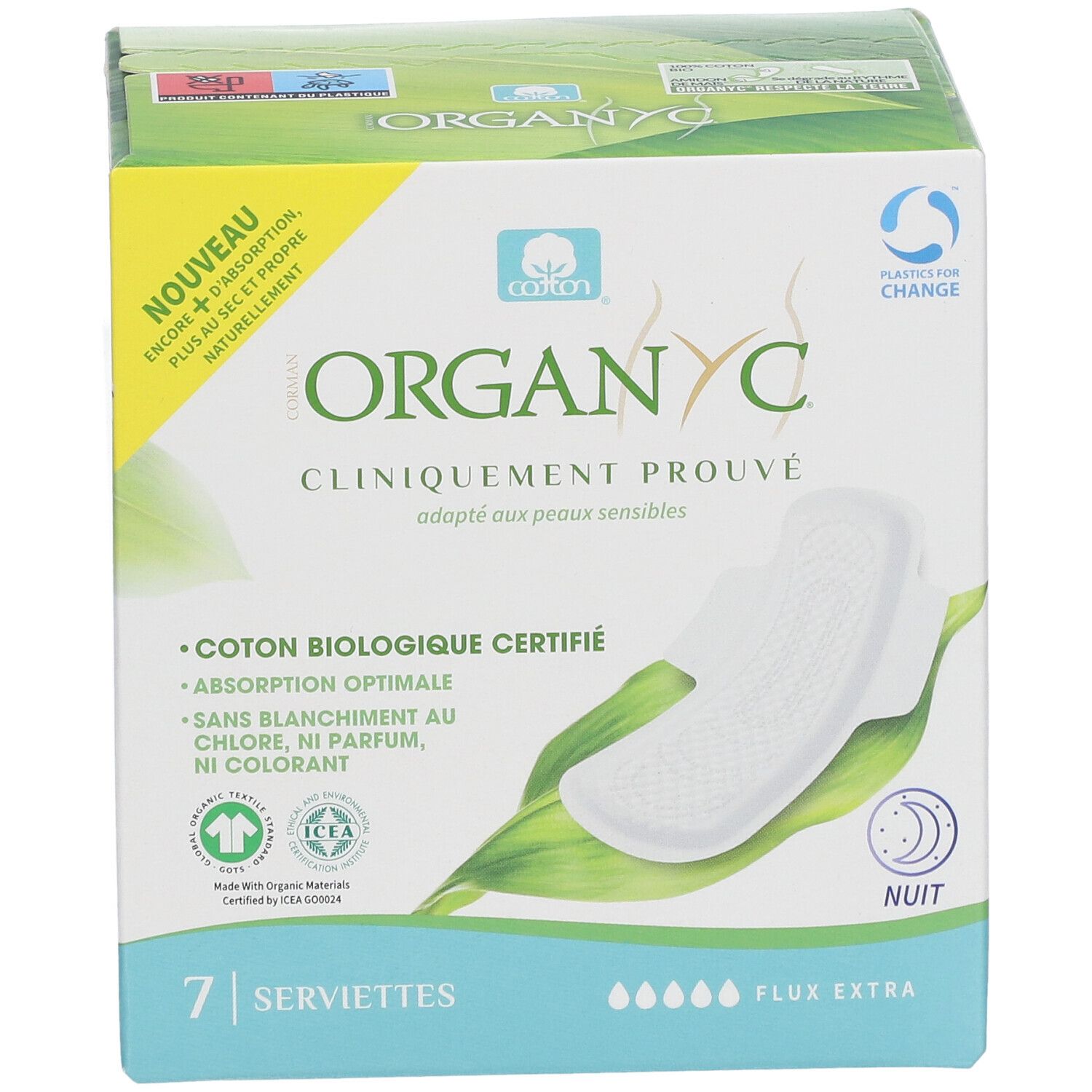 Organyc-verpakking met 7 extra nachtverbanden. Klinisch getest, biologisch katoen. Met certificeringen.