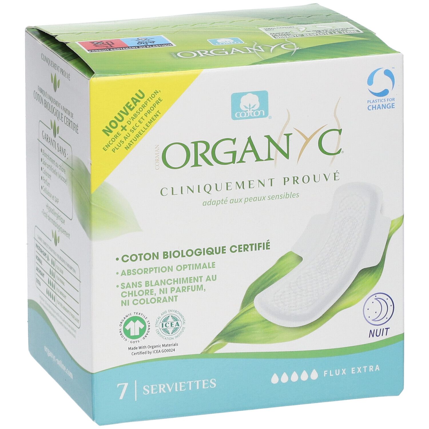 Organyc-verpakking met 7 extra nachtverbanden. Klinisch getest, biologisch katoen. Met certificeringen.
