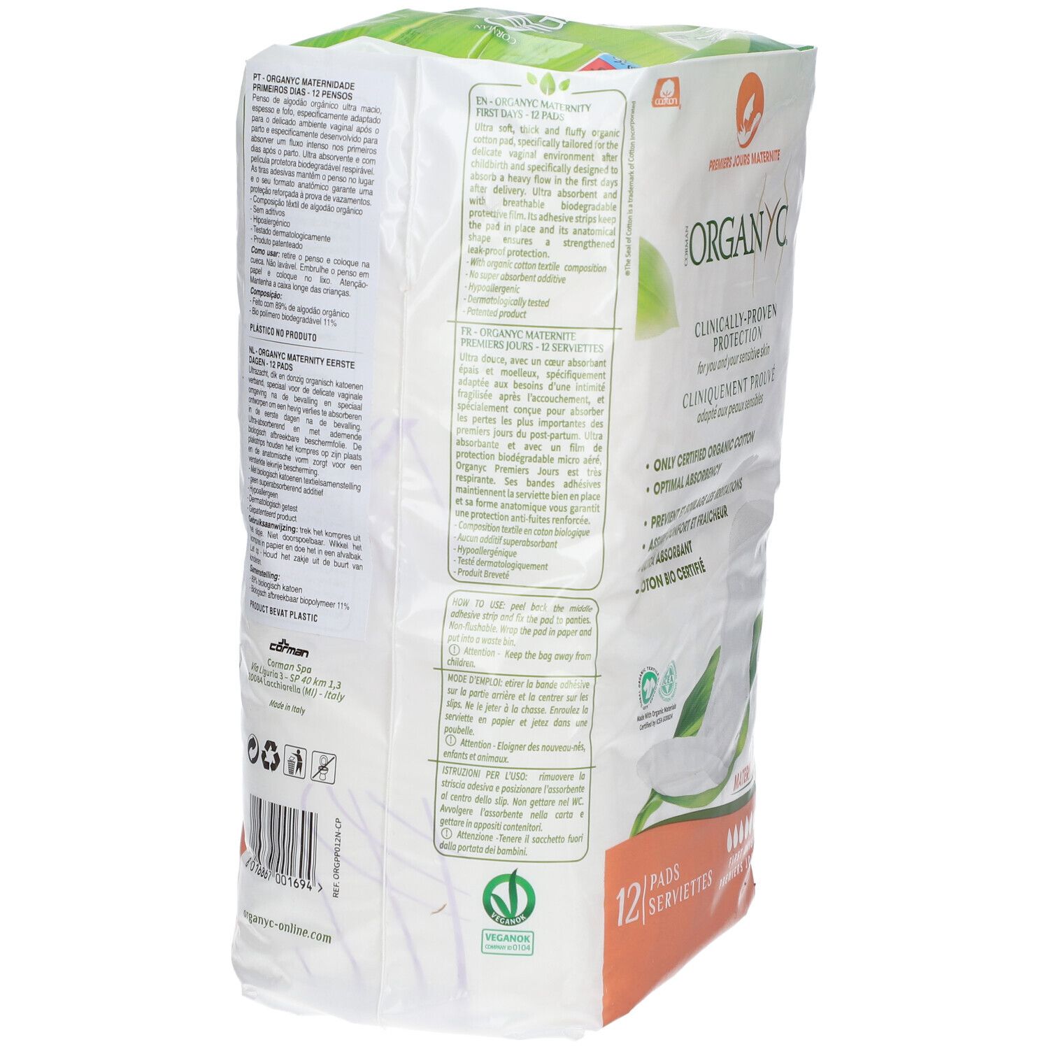 Dos du paquet avec texte et logo. Marque Organyc. 12 serviettes. Certifications.