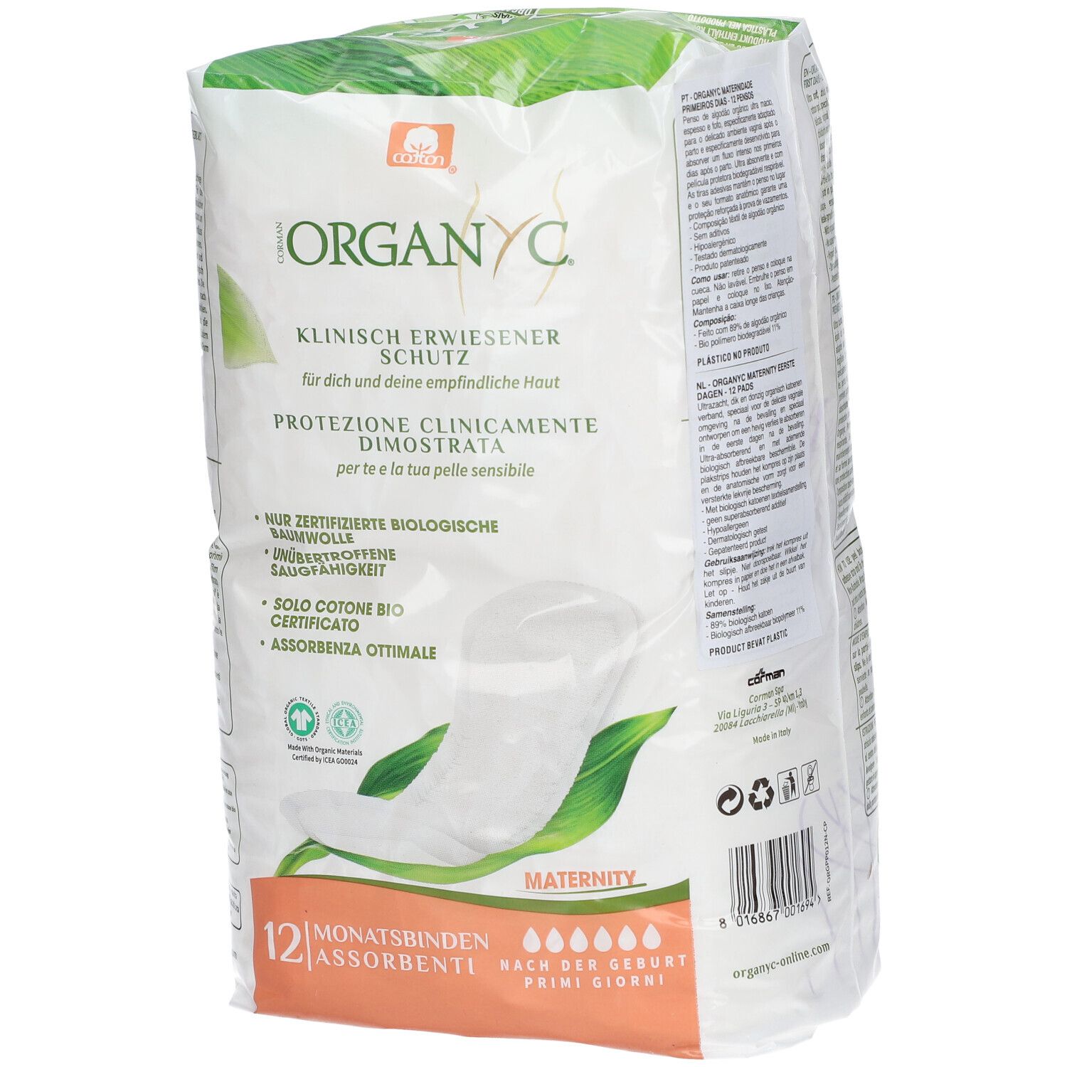 Paquet de 12 serviettes post-partum. Marque Organyc, logo et texte. Protection cliniquement prouvée.