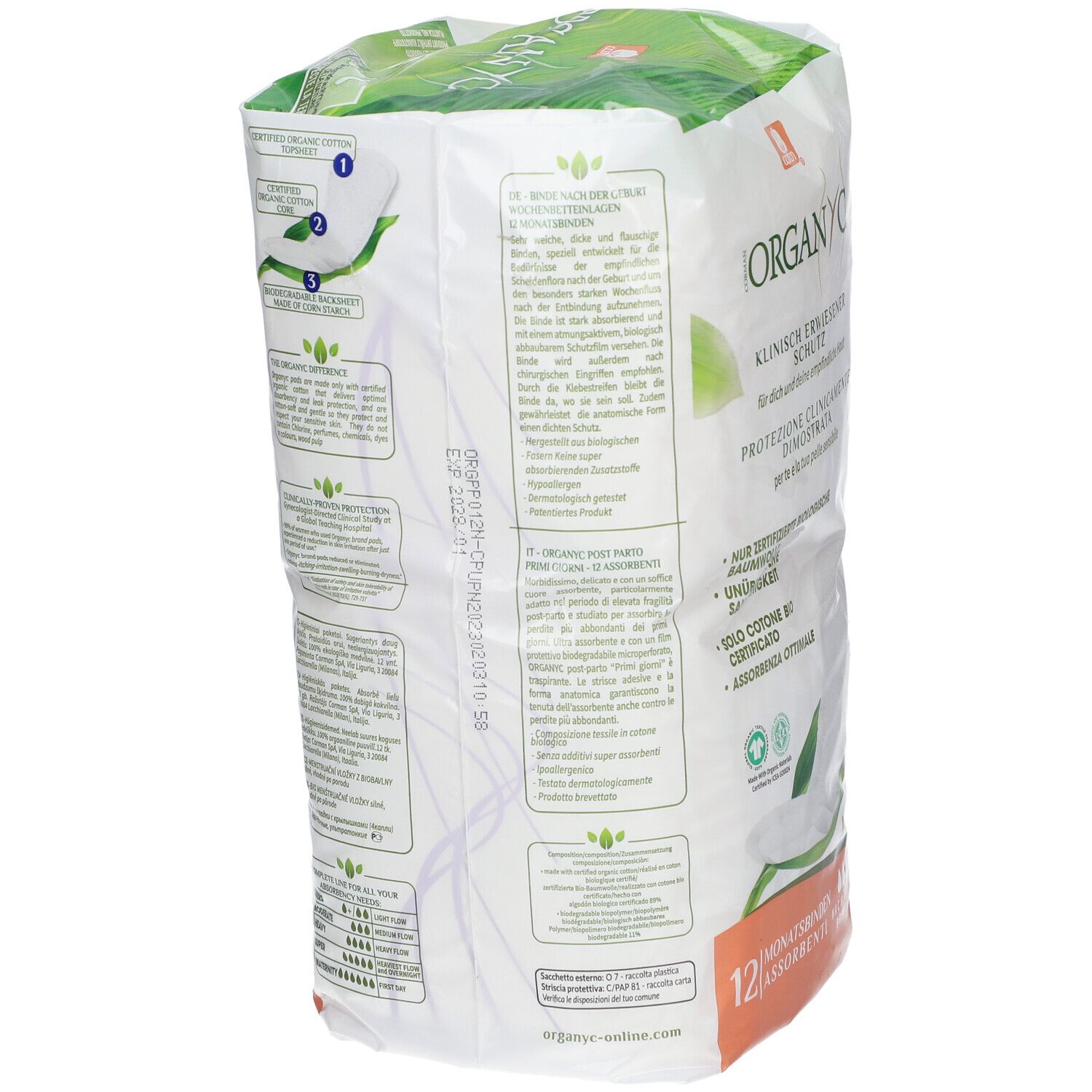 Dos du paquet avec texte et logo. Marque Organyc. 12 serviettes. Certifications.