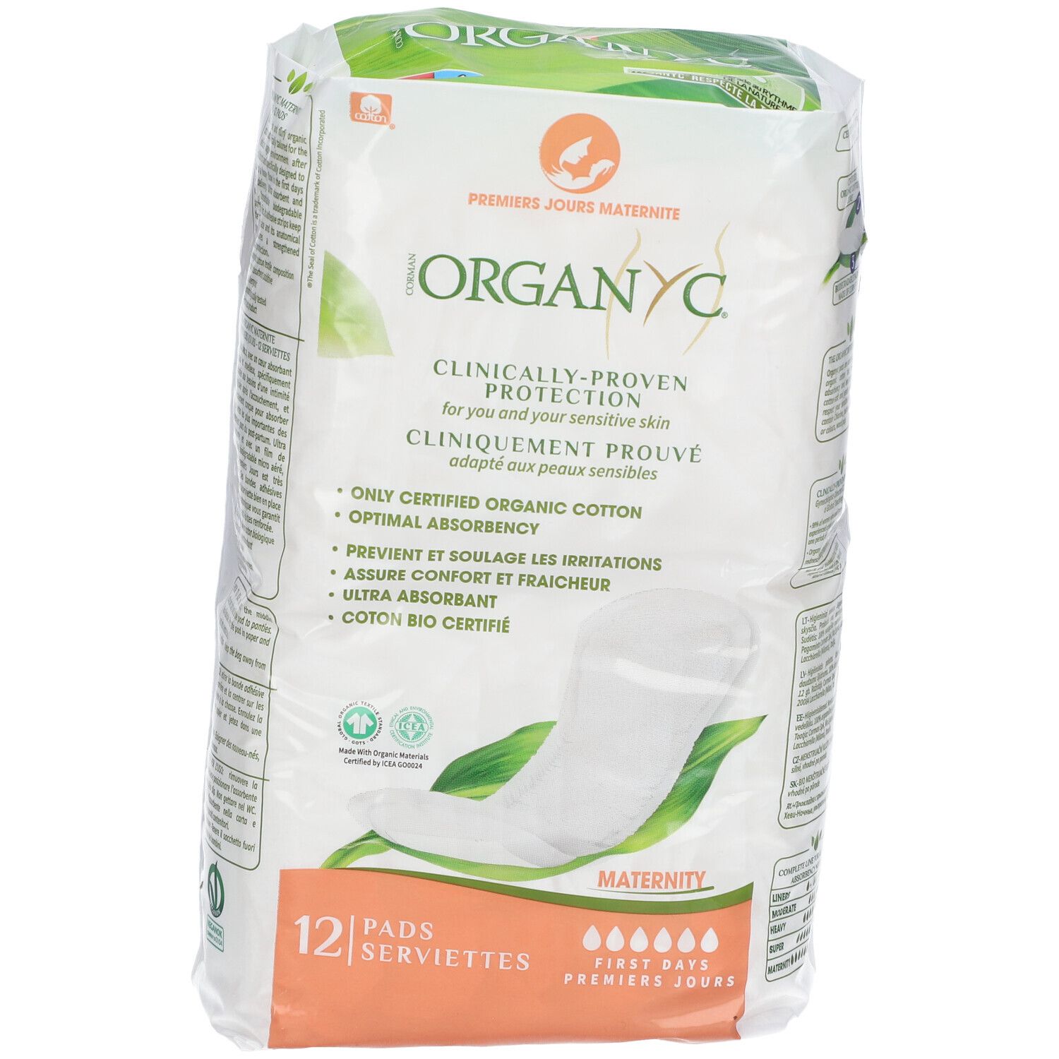 Paquet de 12 serviettes post-partum. Marque Organyc, logo et texte. Protection cliniquement prouvée.