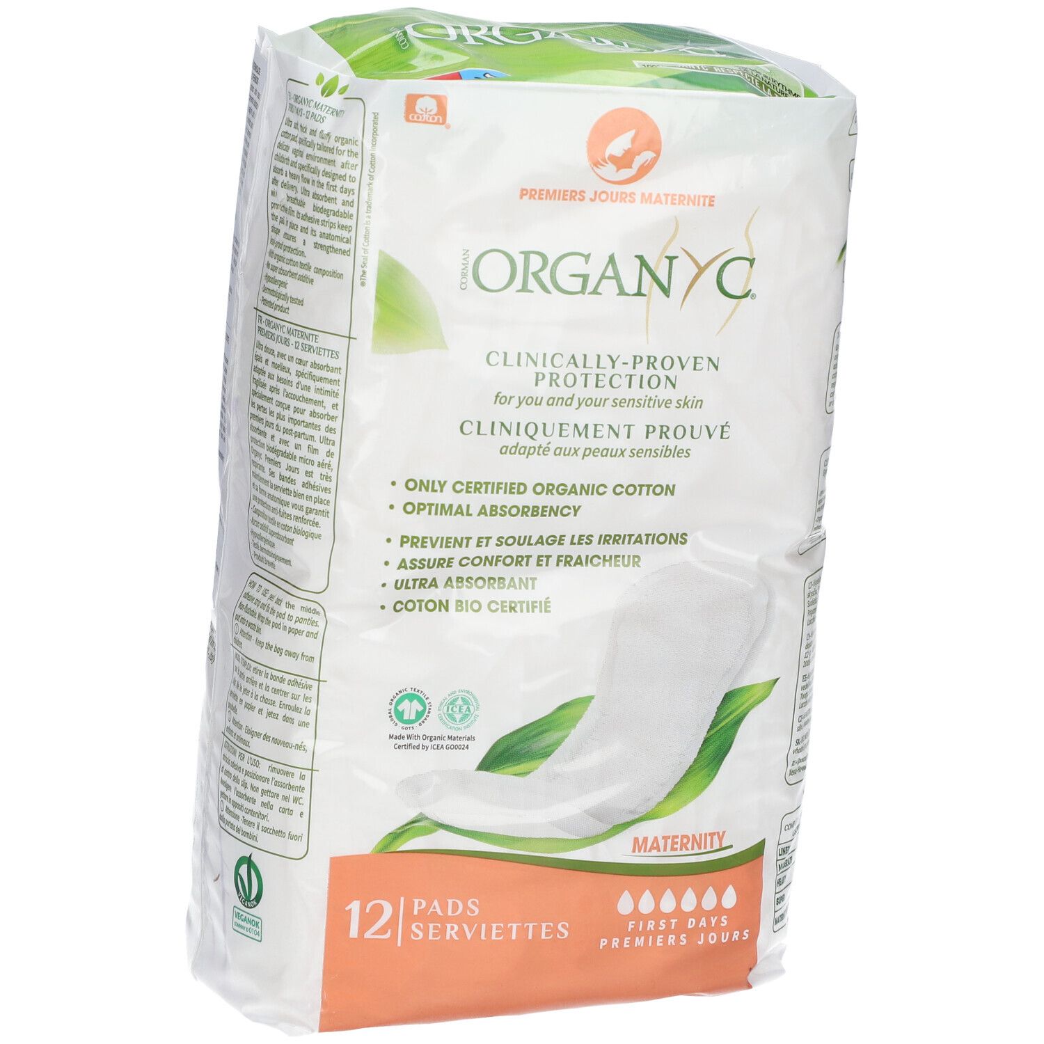 Paquet de 12 serviettes post-partum. Marque Organyc, logo et texte. Protection cliniquement prouvée.