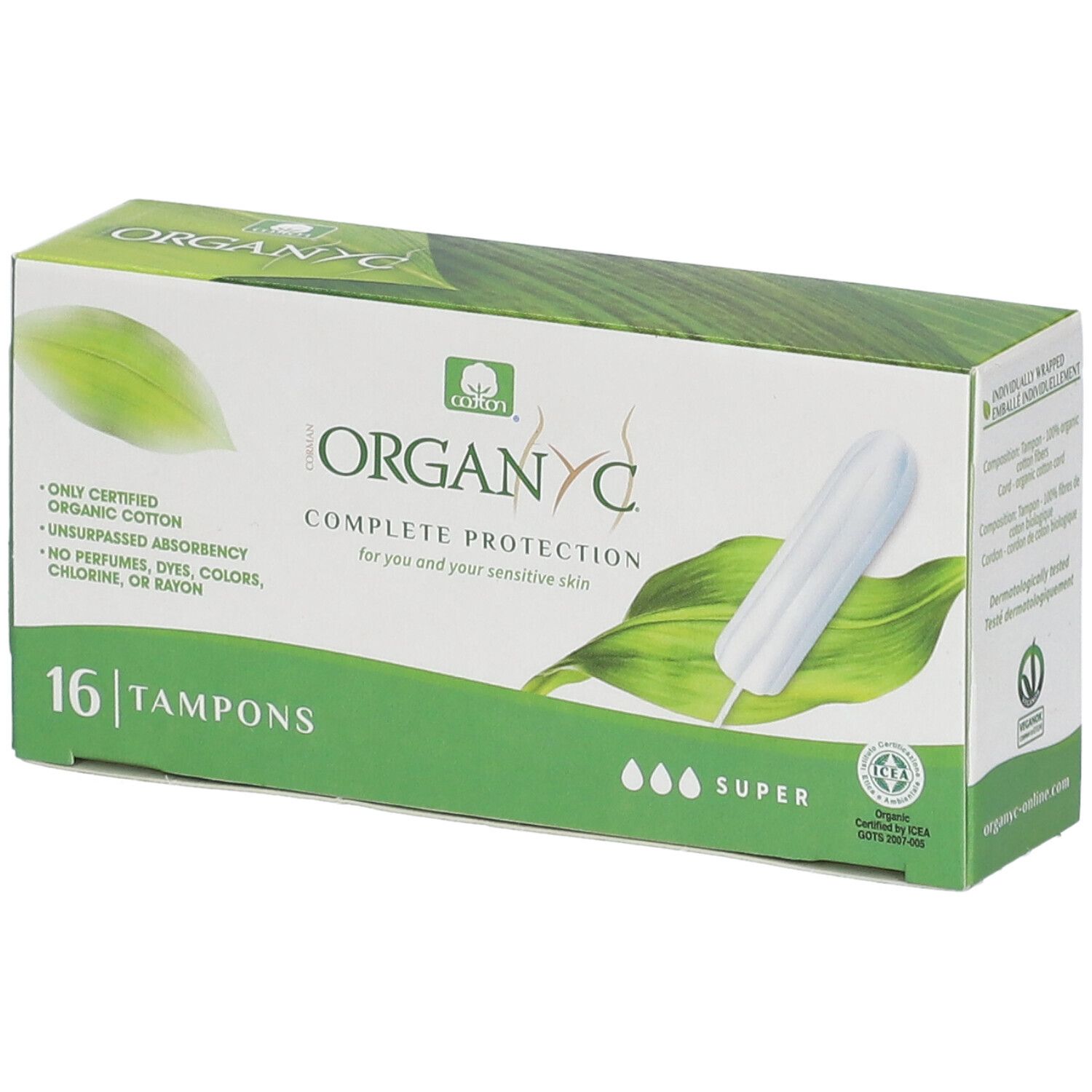 Boîte de tampons Organyc, 16 unités. Inscription : Complete Protection, Super. Emballage vert et blanc avec image de tampon.