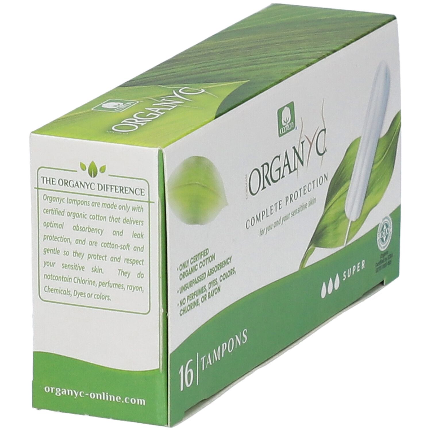 Boîte de tampons Organyc, vue latérale. Texte : Complete Protection, 16 tampons, Super. Emballage vert et blanc avec image de tampon.