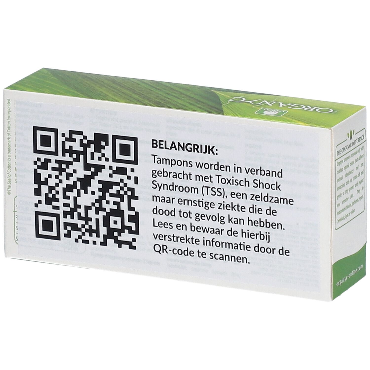 Boîte de tampons Organyc, dos. Code QR et texte sur le syndrome de choc toxique (SCT).