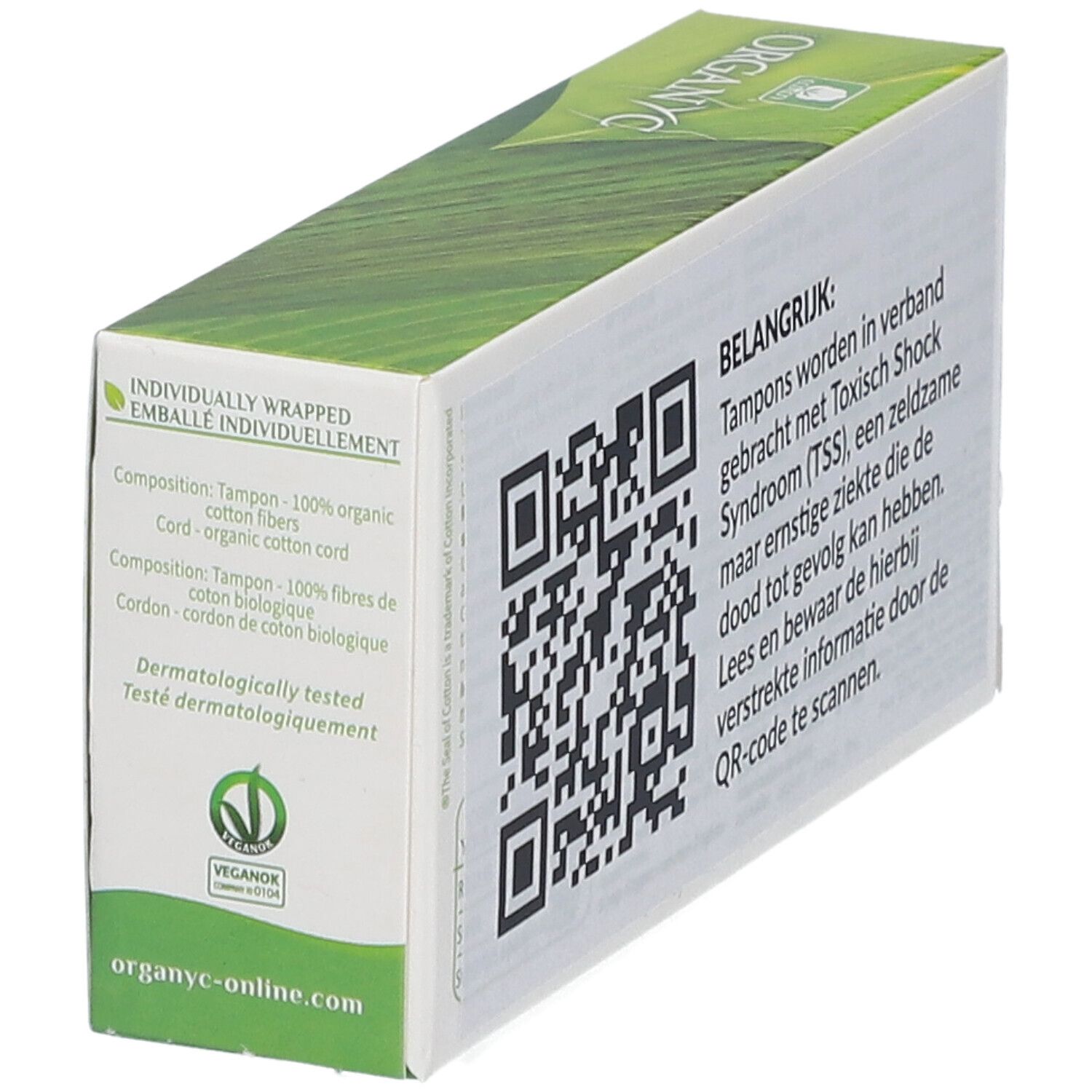 Boîte de tampons Organyc, dos. Code QR, texte sur les ingrédients et tests dermatologiques. Label végan.
