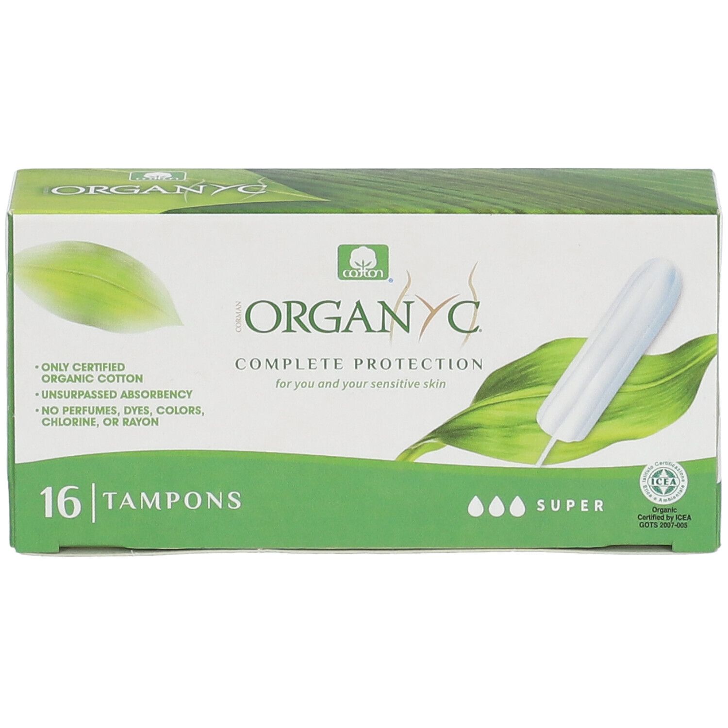 Boîte de tampons Organyc, 16 unités. Inscription : Complete Protection, Super. Emballage vert et blanc avec image de tampon.