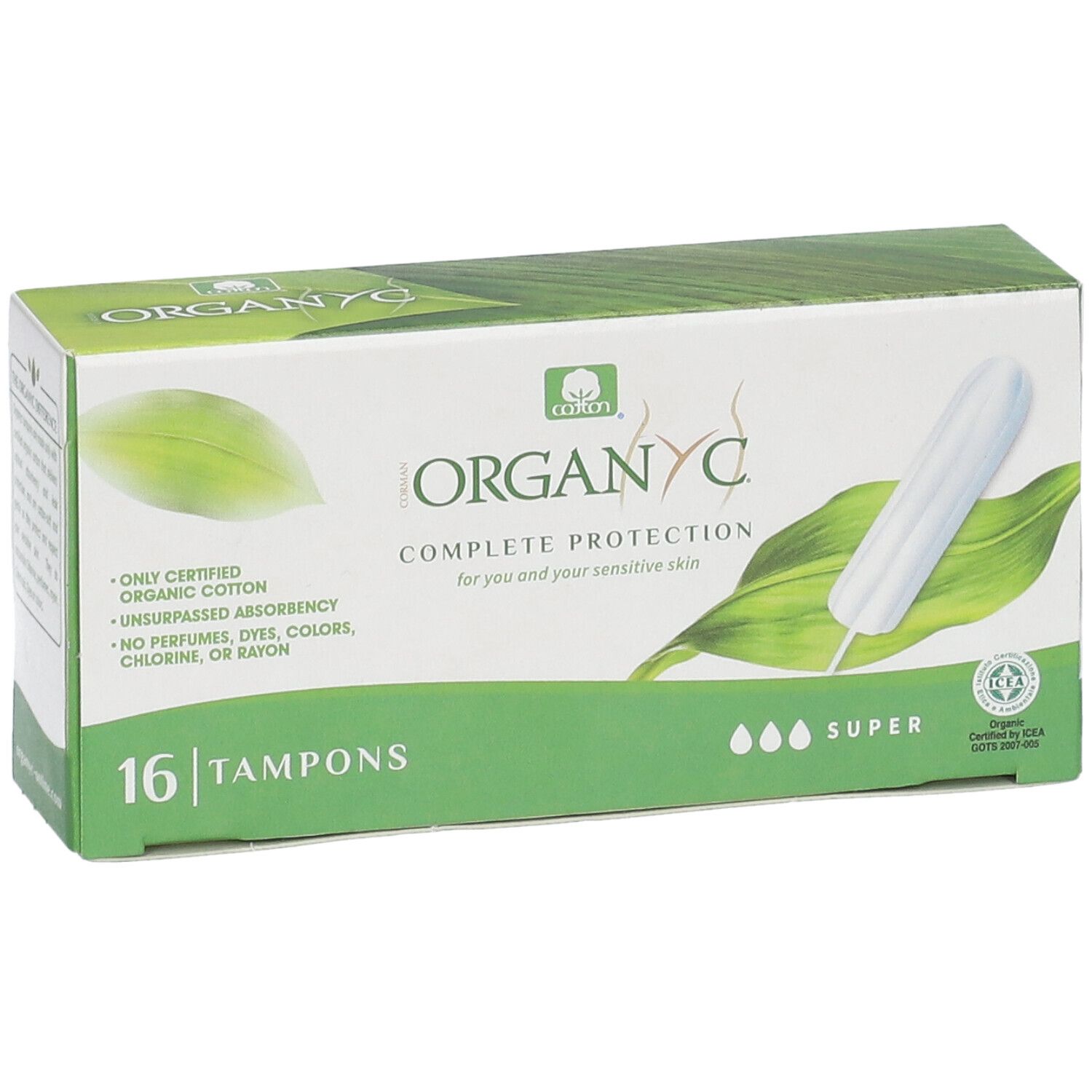 Boîte de tampons Organyc, 16 unités. Inscription : Complete Protection, Super. Emballage vert et blanc avec image de tampon.