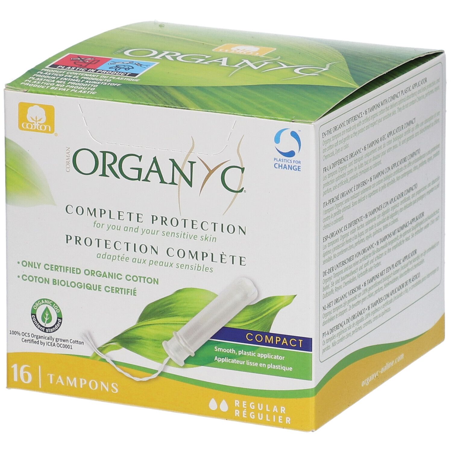 Organyc® Tampons, boîte. 16 unités. Applicateurs compacts en plastique lisse. Coton bio certifié.