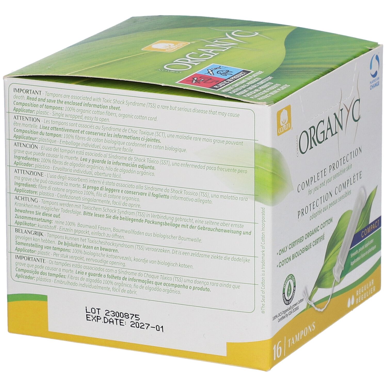 Boîte de tampons Organyc®. Dos avec texte. 16 unités. Coton bio. Date de péremption: 2027-01.