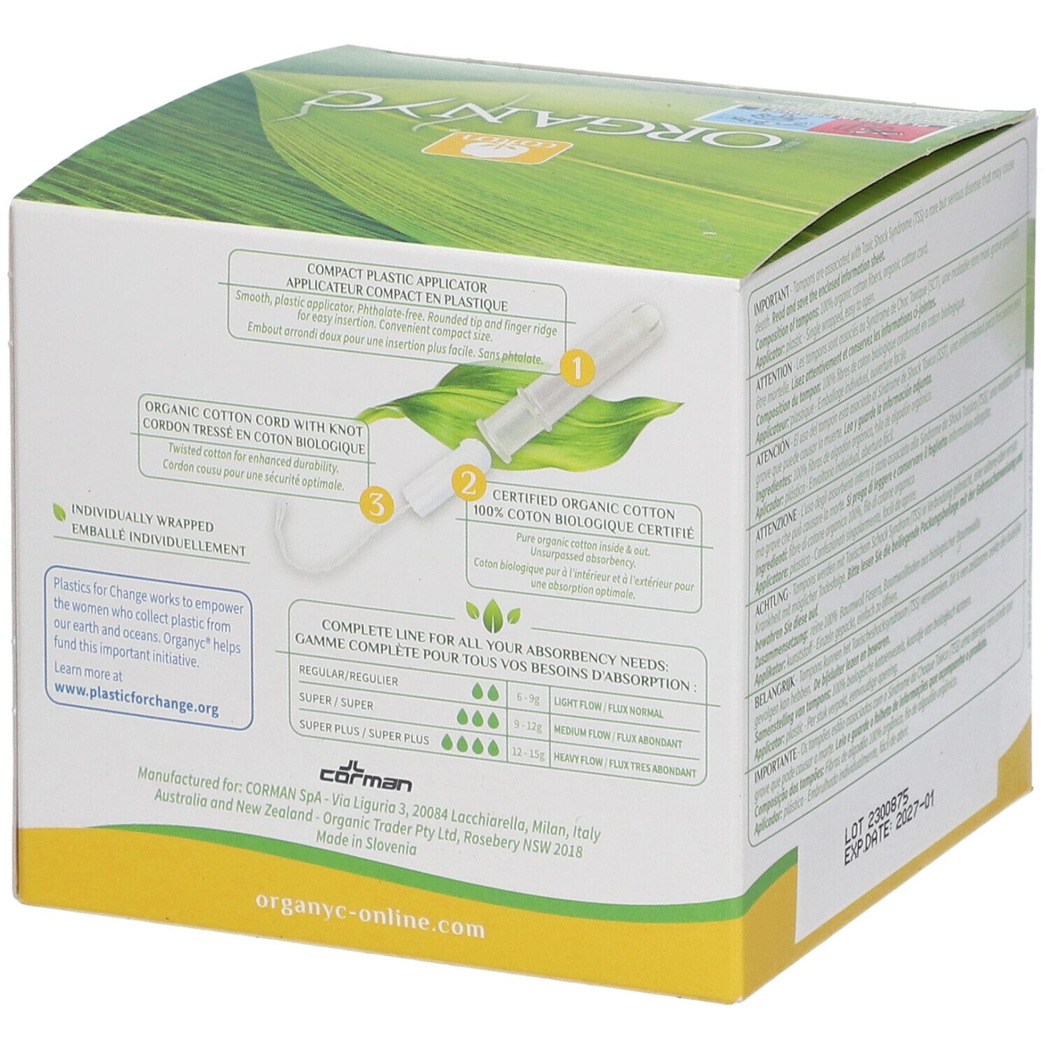Boîte de tampons Organyc®. Côté avec texte et illustrations. 16 unités. Coton bio. Différentes absorptions.