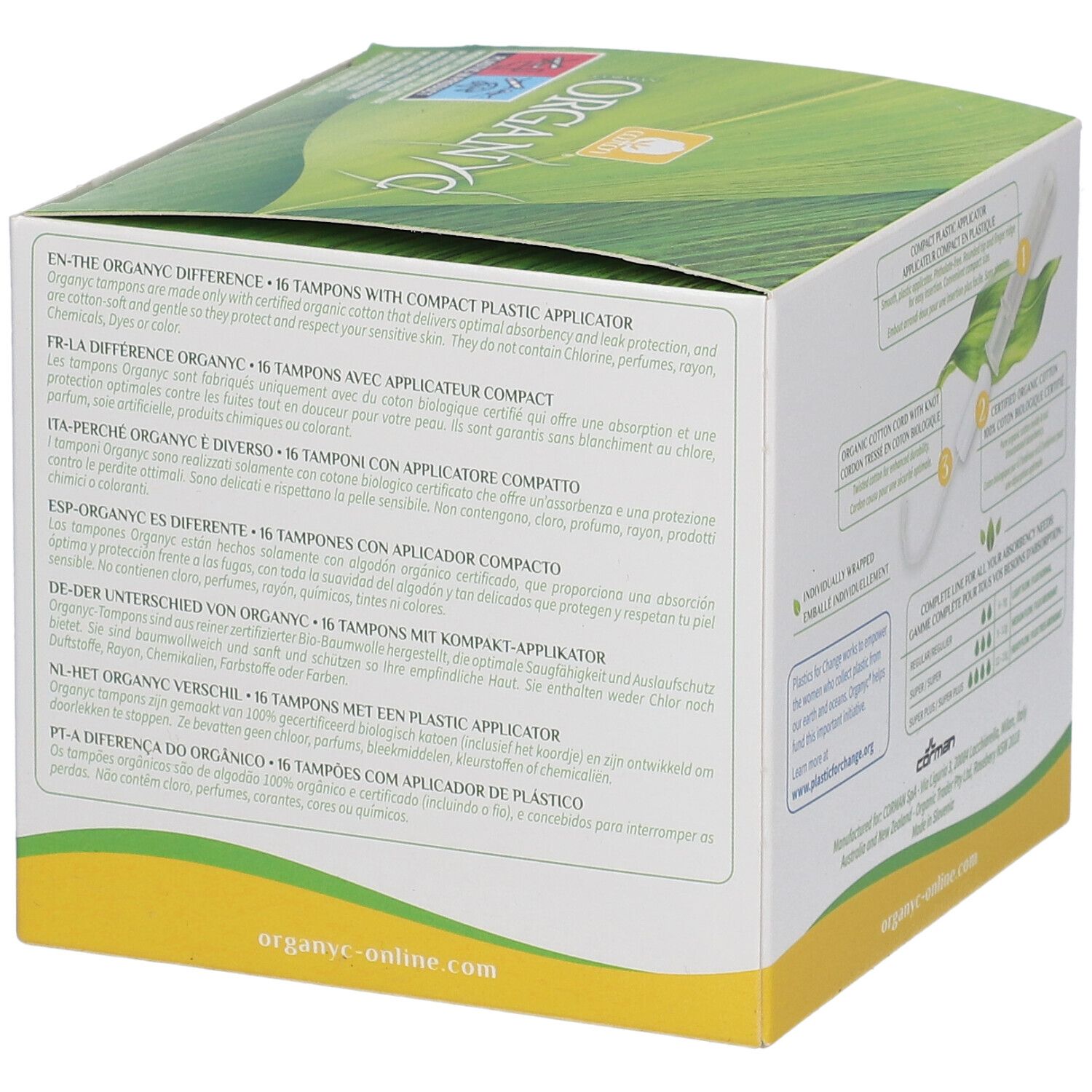 Boîte de tampons Organyc®. Côté avec texte. 16 unités. Coton bio. Informations fabricant. Adresse du site web.