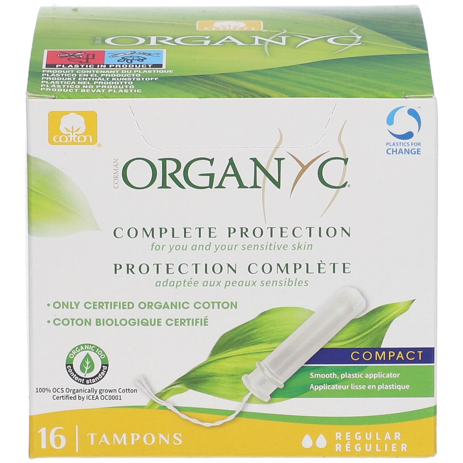 Boîte de tampons Organyc®. 16 unités. Applicateur compact. Coton bio certifié. Régulier.