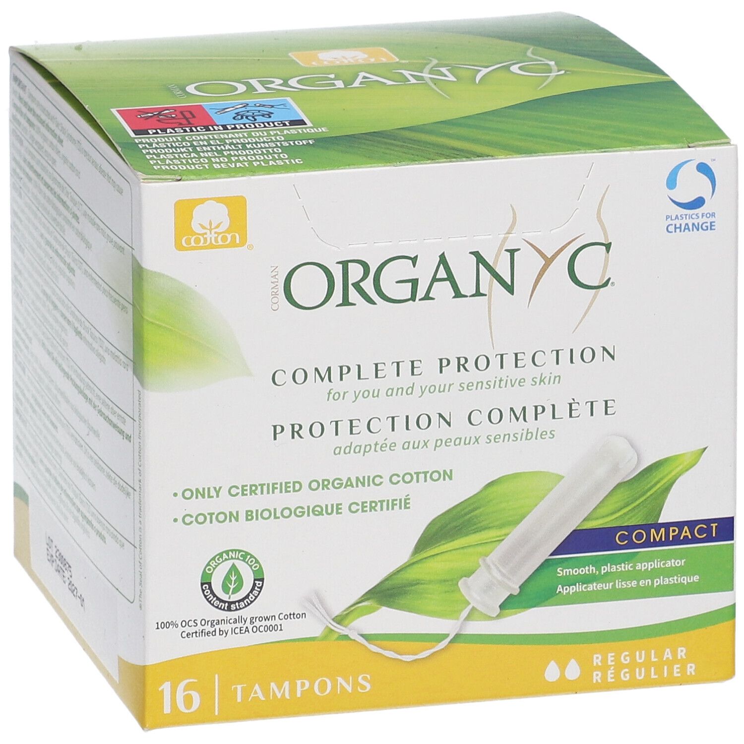 Boîte de tampons Organyc®. 16 unités. Applicateur compact. Coton bio certifié. Régulier.
