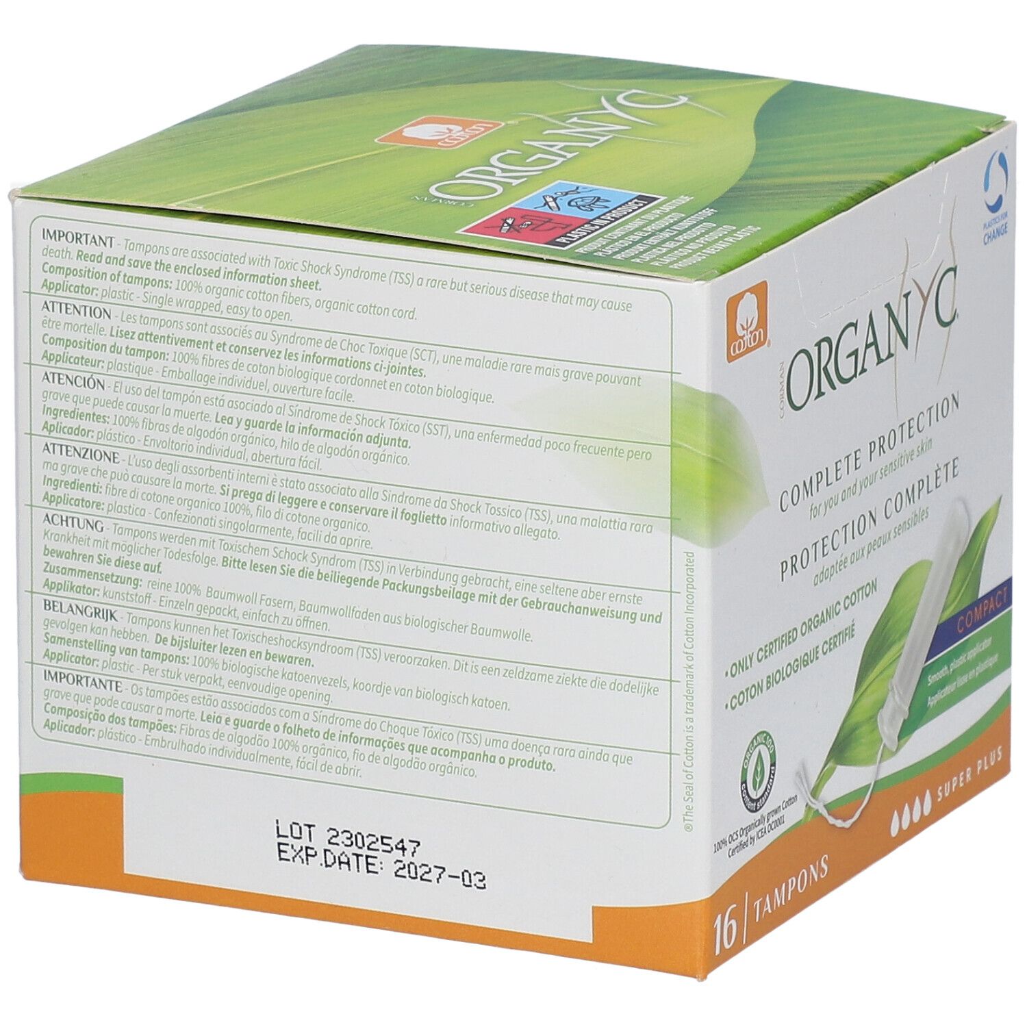 Dos de la boîte de tampons Organyc®. 16 unités Super Plus. Informations sur les ingrédients et l'utilisation. Expiration 2027-03.