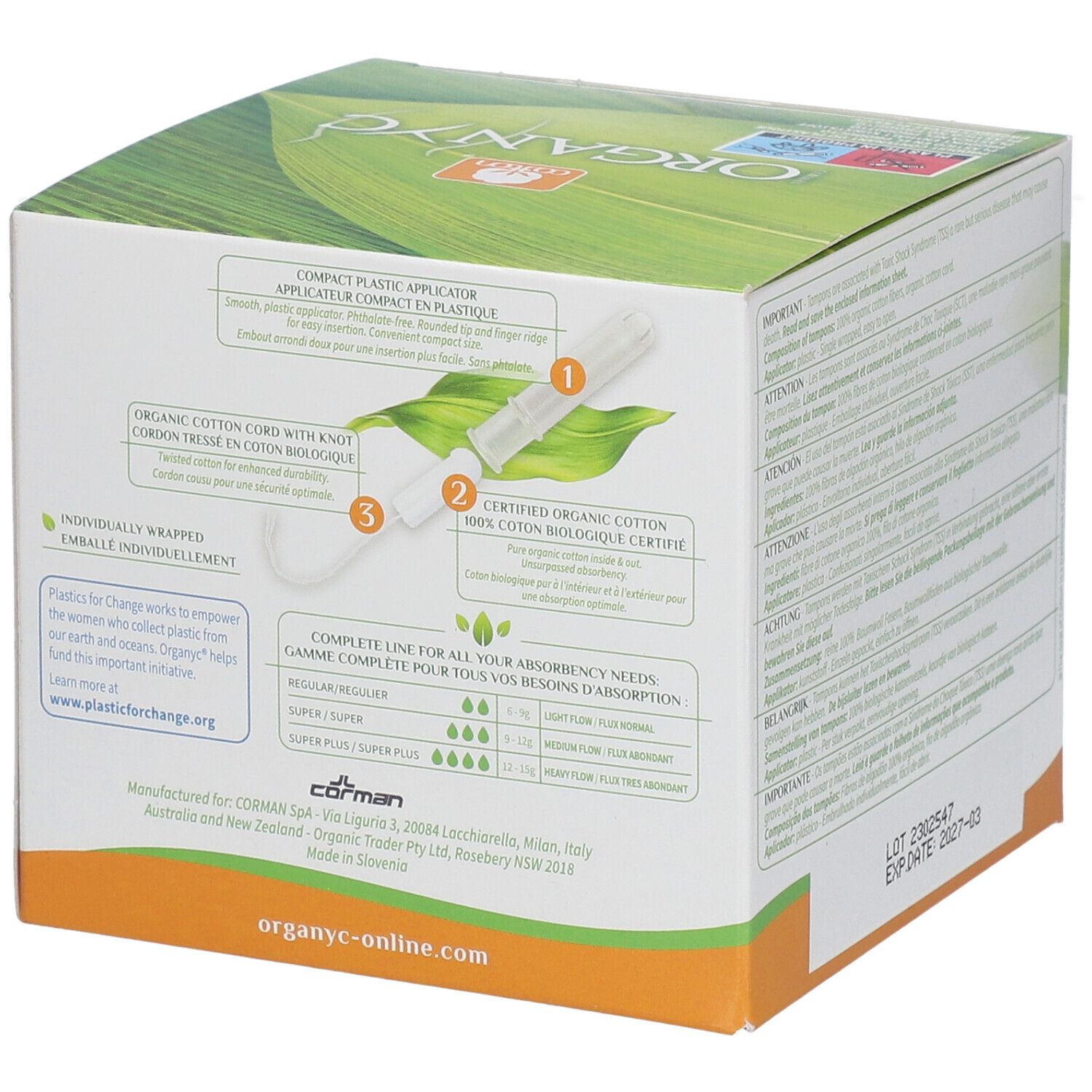 Boîte de tampons Organyc®. Détails sur l'applicateur, le coton et la certification. Informations sur l'absorption.