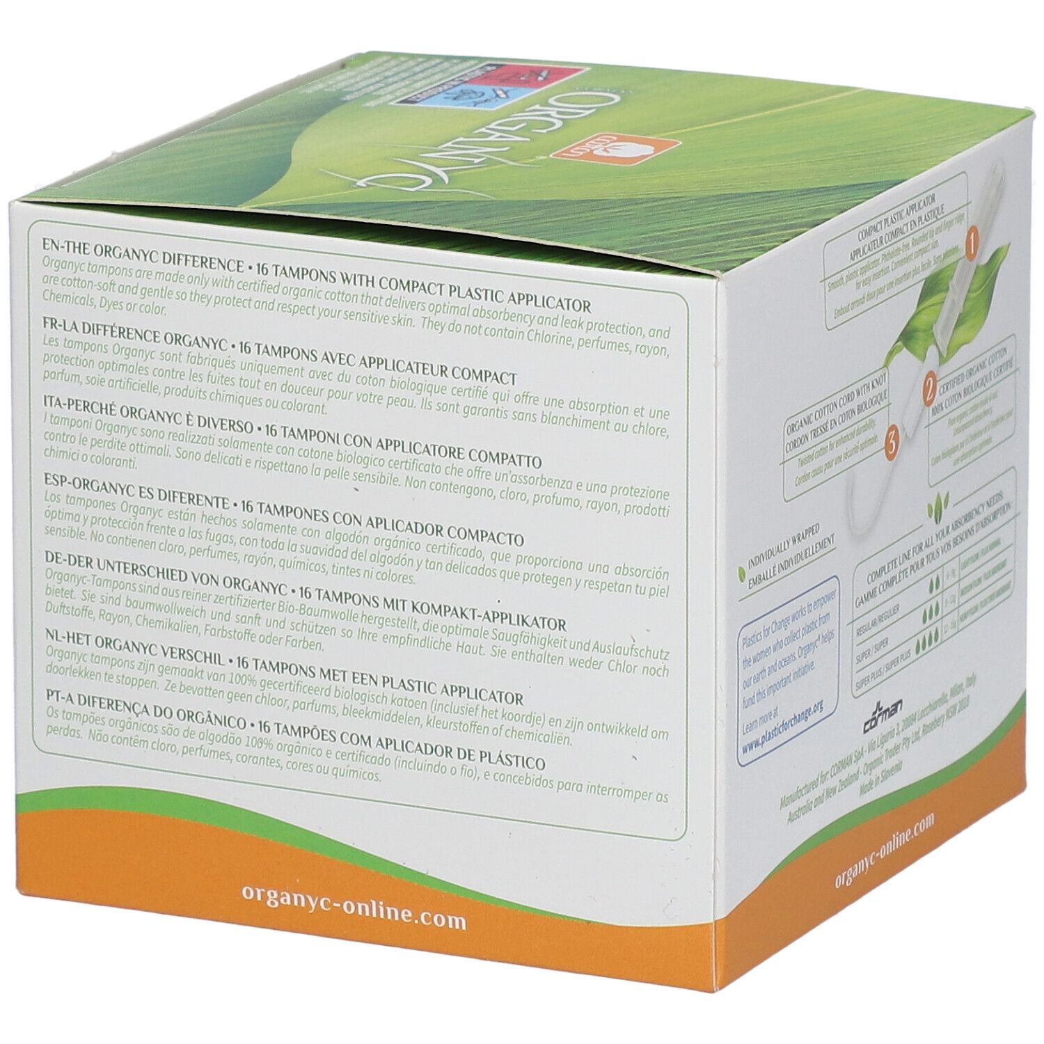 Boîte de tampons Organyc®. Informations sur les différences. 16 tampons avec applicateur. Fabriqué en coton bio.