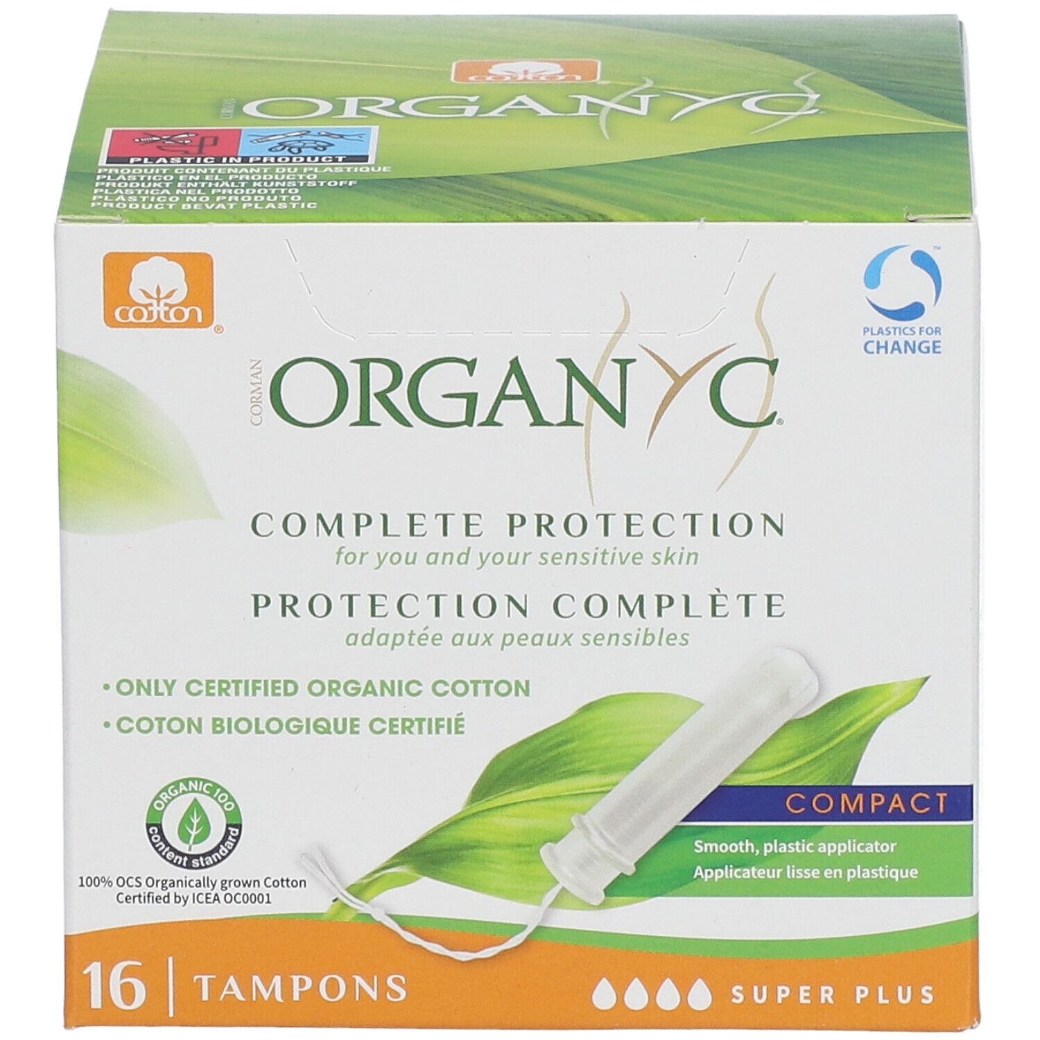 Boîte de tampons Organyc®. 16 unités Super Plus, avec applicateur. Coton biologique certifié. Format compact.