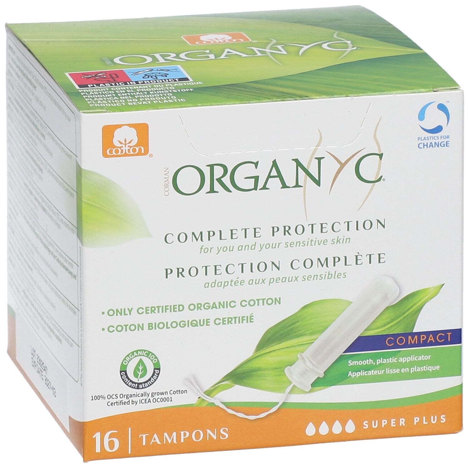 Boîte de tampons Organyc®. 16 unités Super Plus, avec applicateur. Coton biologique certifié. Format compact.