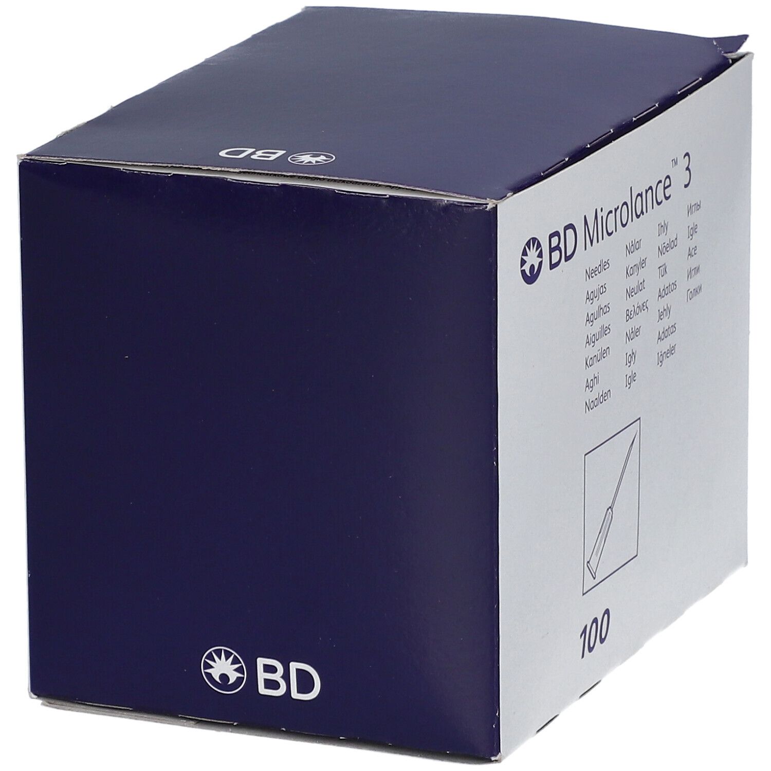 Boîte de BD Microlance™ 3 aiguilles. Couleurs bleu et blanc. Inscription : 100.